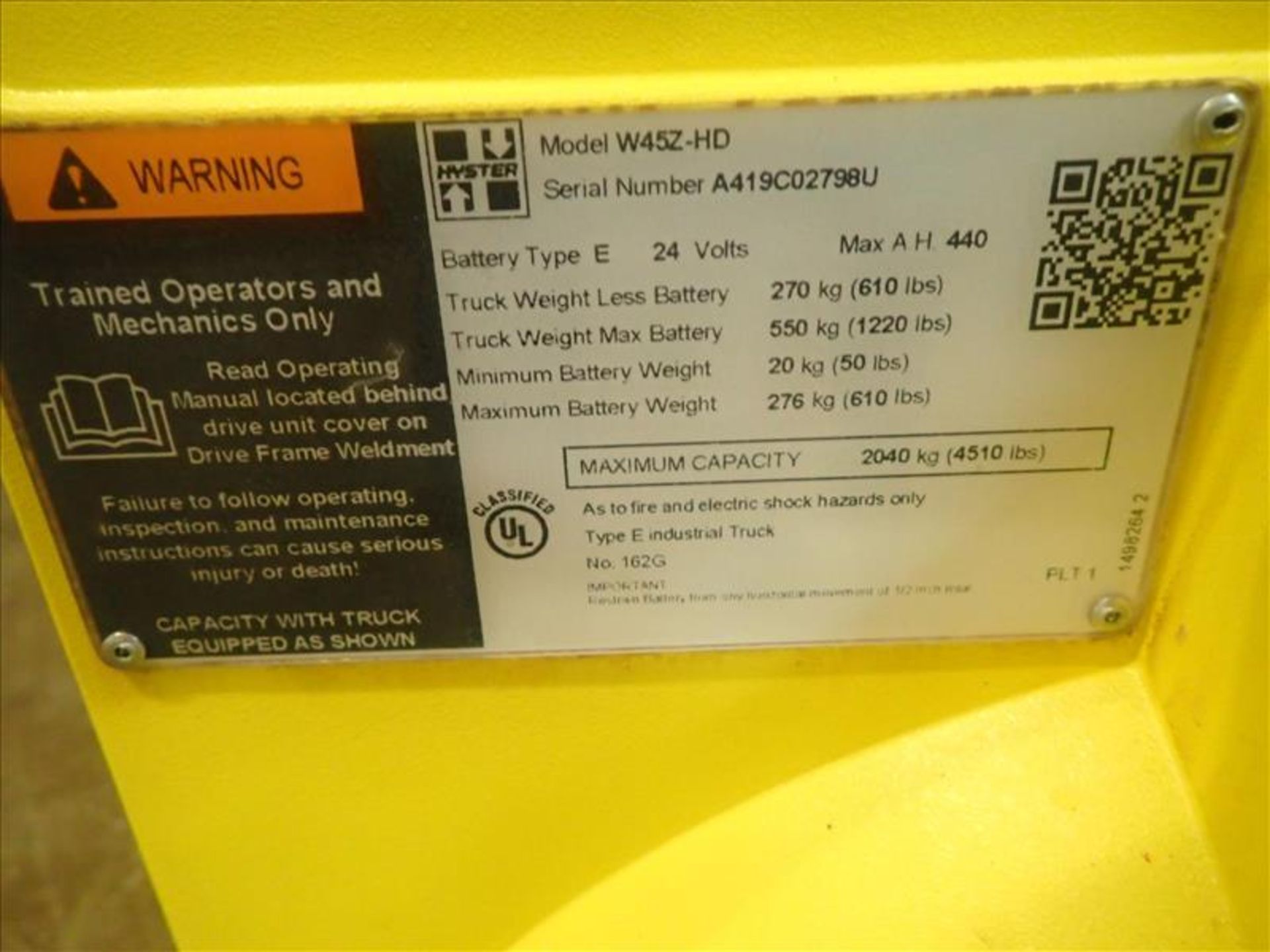 Hyster walk-behind pallet truck, mod. W45ZHD,4500 lbs. cap., 24V (charger sold separately), no. - Image 3 of 3