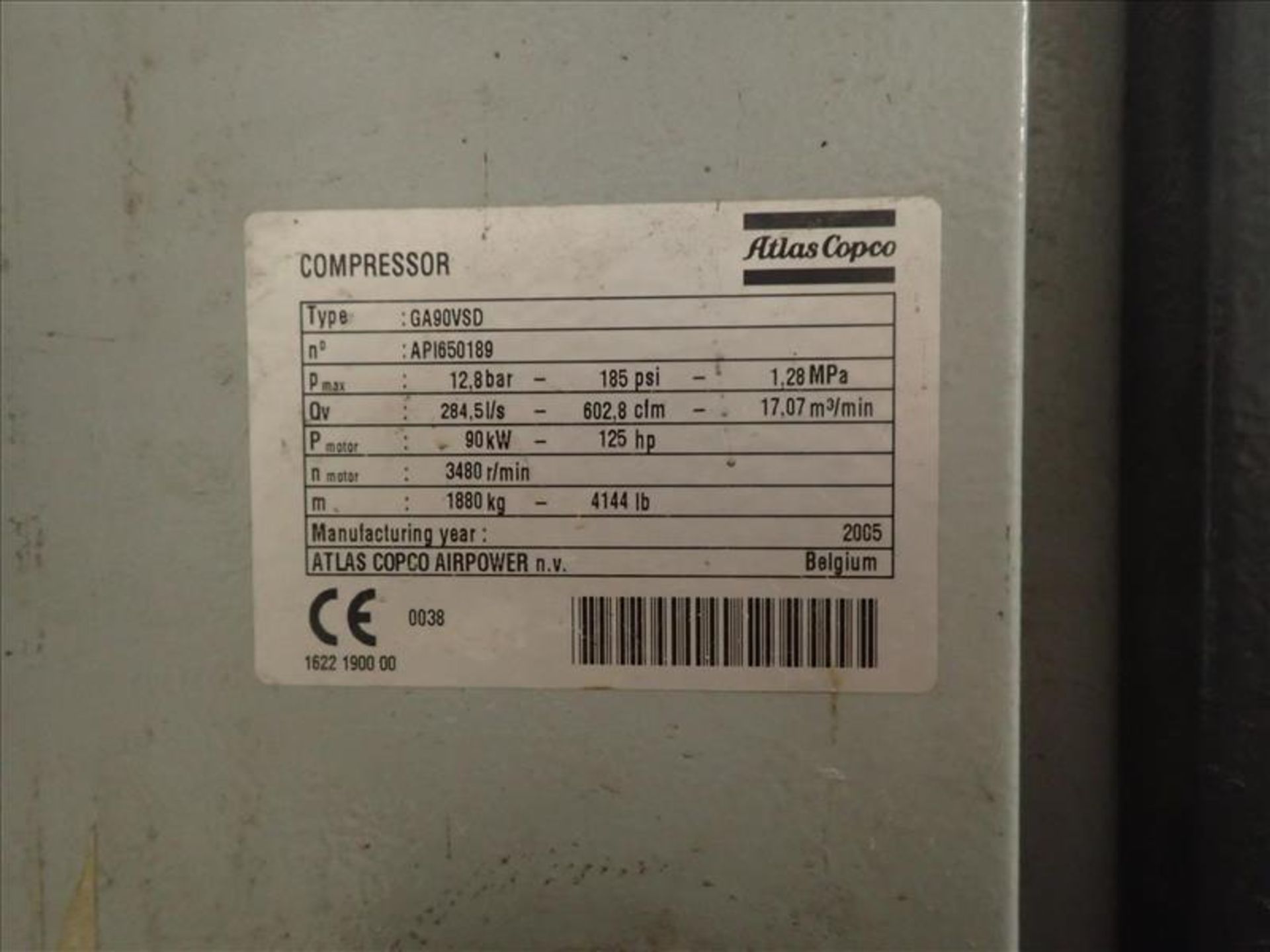 AtlasCapco air compressor, mod. GA90VSD, ser. no. API650189, 602.8 CFM, 125 hp w/ n-drive and - Image 4 of 4