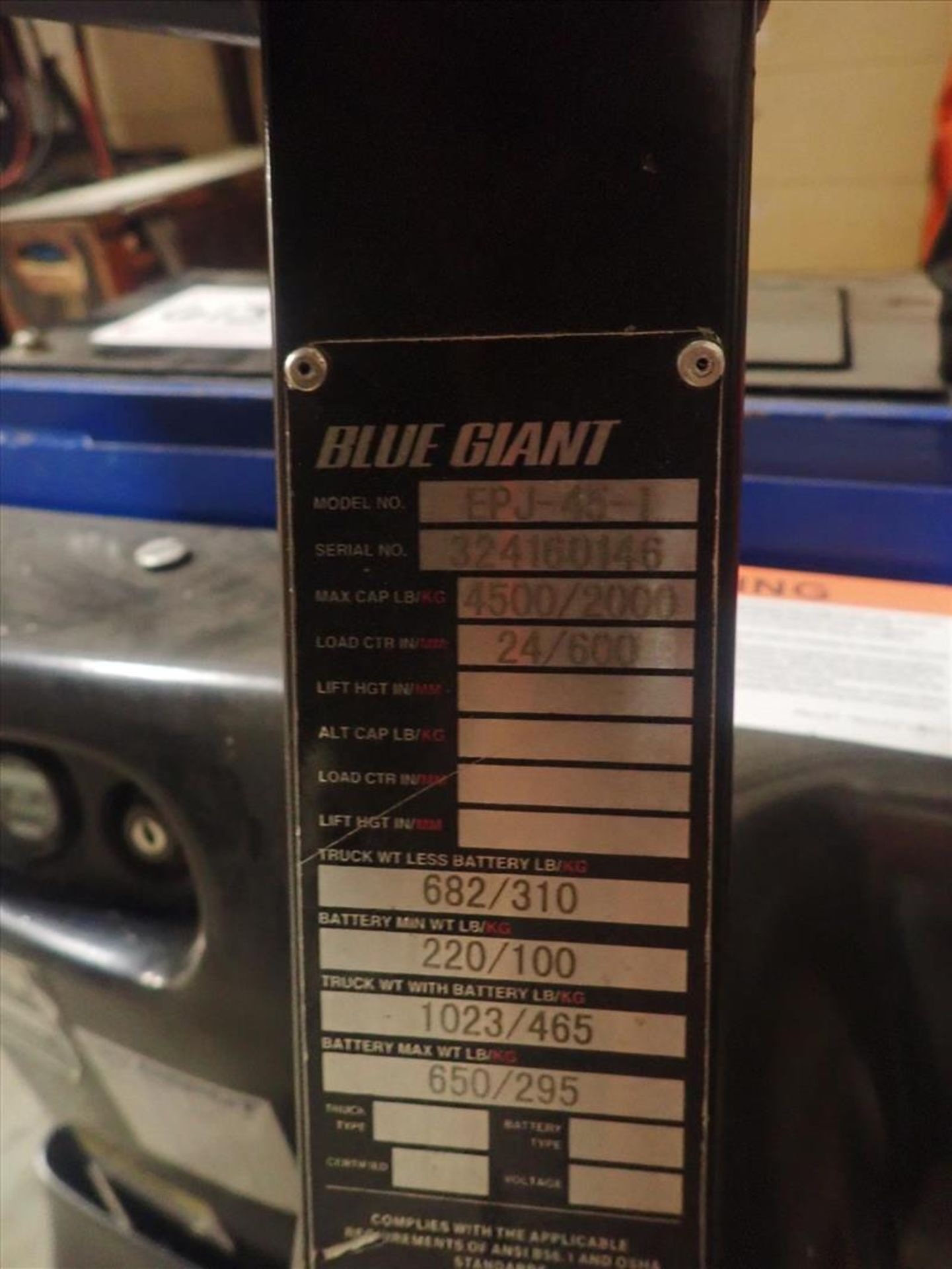 BlueGiant walk-behind pallet truck, mod. EPJ-45-T, ser. no. 324160146, 4500 lbs. cap., 24V c/w - Image 3 of 3