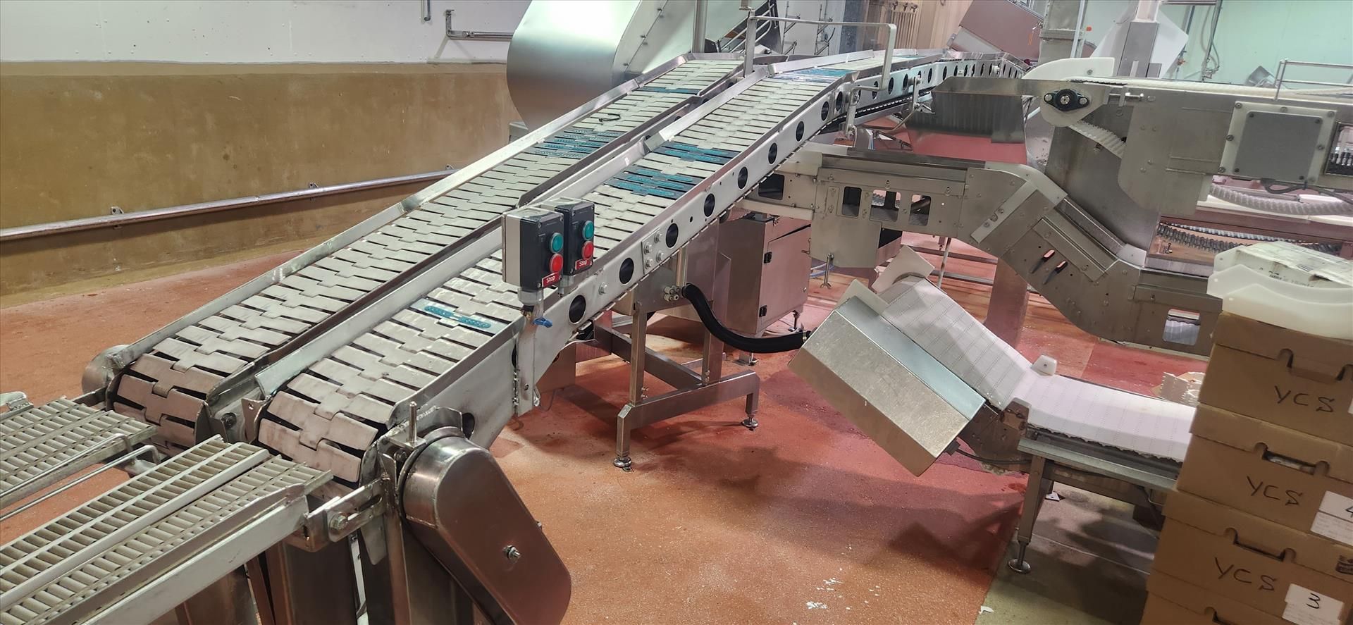 conveyor, belt, stainless steel frame, 90 deg. turn, power, approx. 7.5 in. x 32 ft. [Loc. - Image 2 of 3
