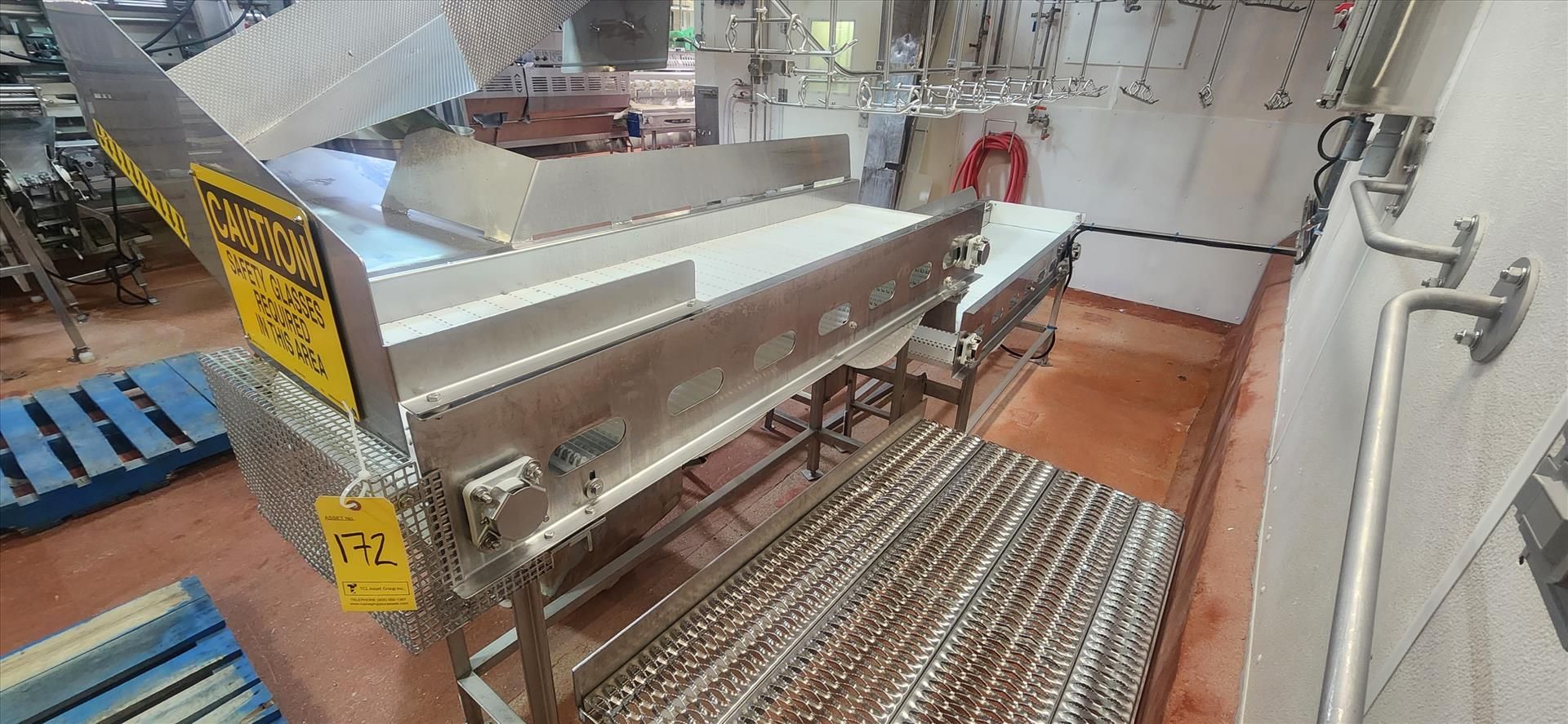 (2) conveyors, belt, stainless steel frame, (1) wash down motor, approx. 18 in. x 6 ft. ea. [Loc.