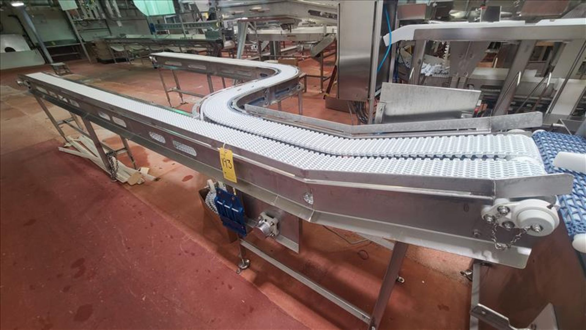 exit conveyor for Stork AMF-BXs, 2-belt, stainless steel frame, power, approx. 6 in. x 15 ft. and