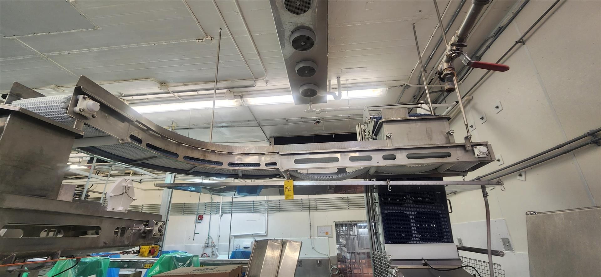 conveyor, belt, suspended, stainless steel frame, 90 deg. turn, wash down motor, approx. 12 in. x 10