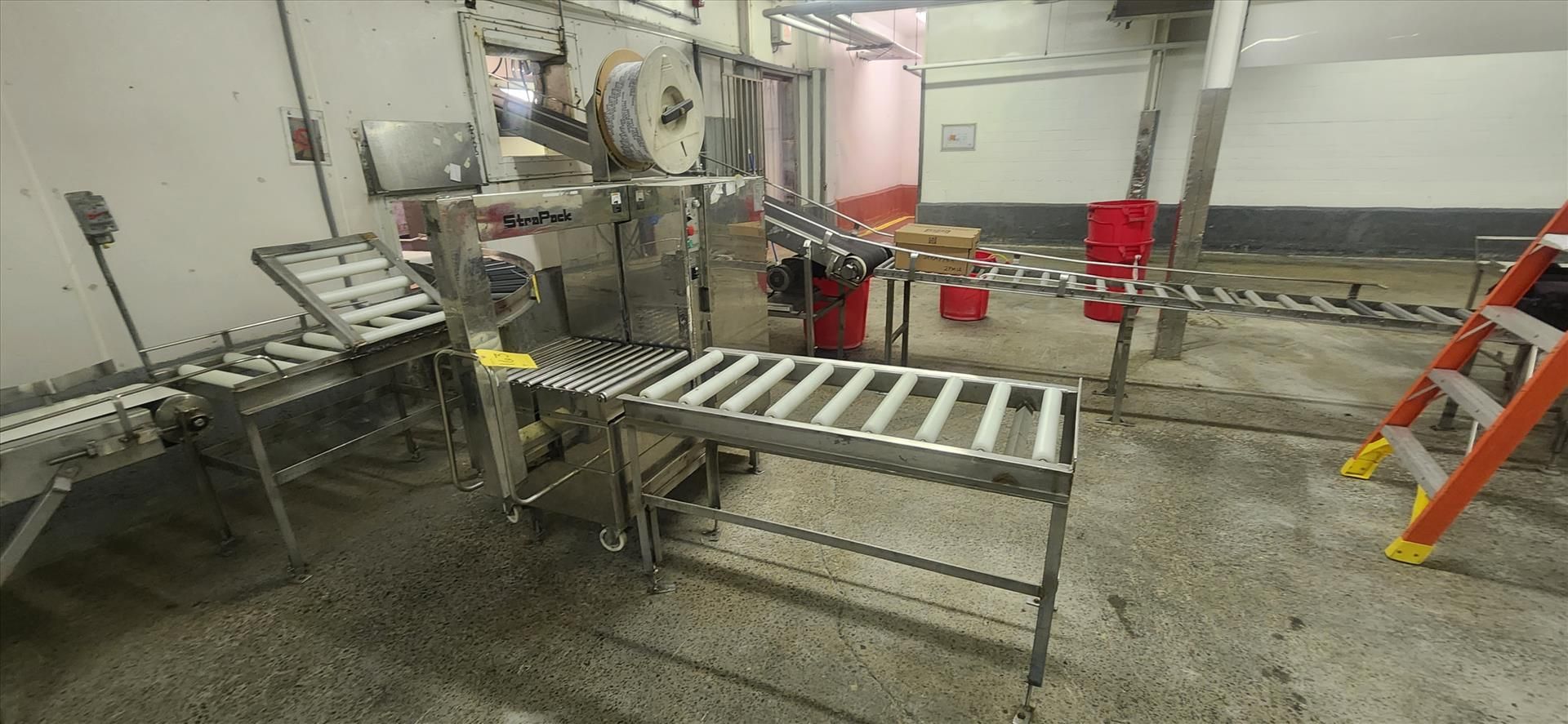 Strap Pack box strapper, stainless steel c/w conveyor, roller, stainless steel frame, approx. 19 in.