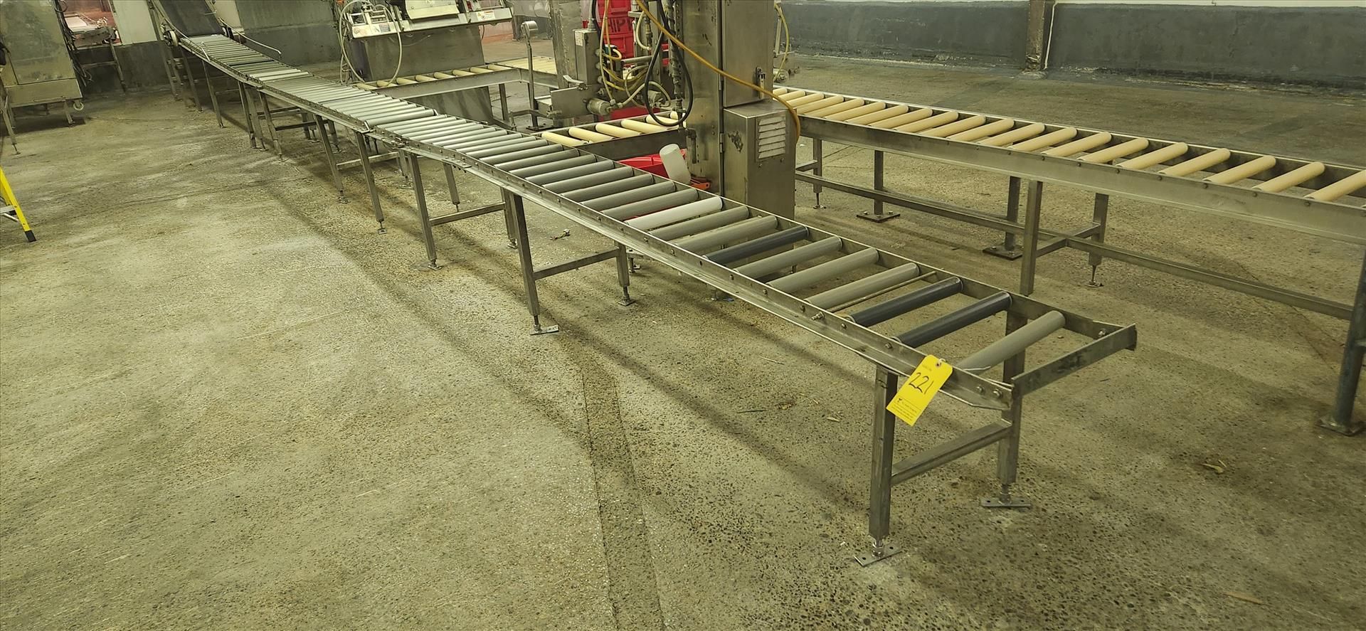conveyor, roller, stainless steel frame, 45 deg. turn, approx. 16 in. x 36 ft. [Loc. Cut-Up]