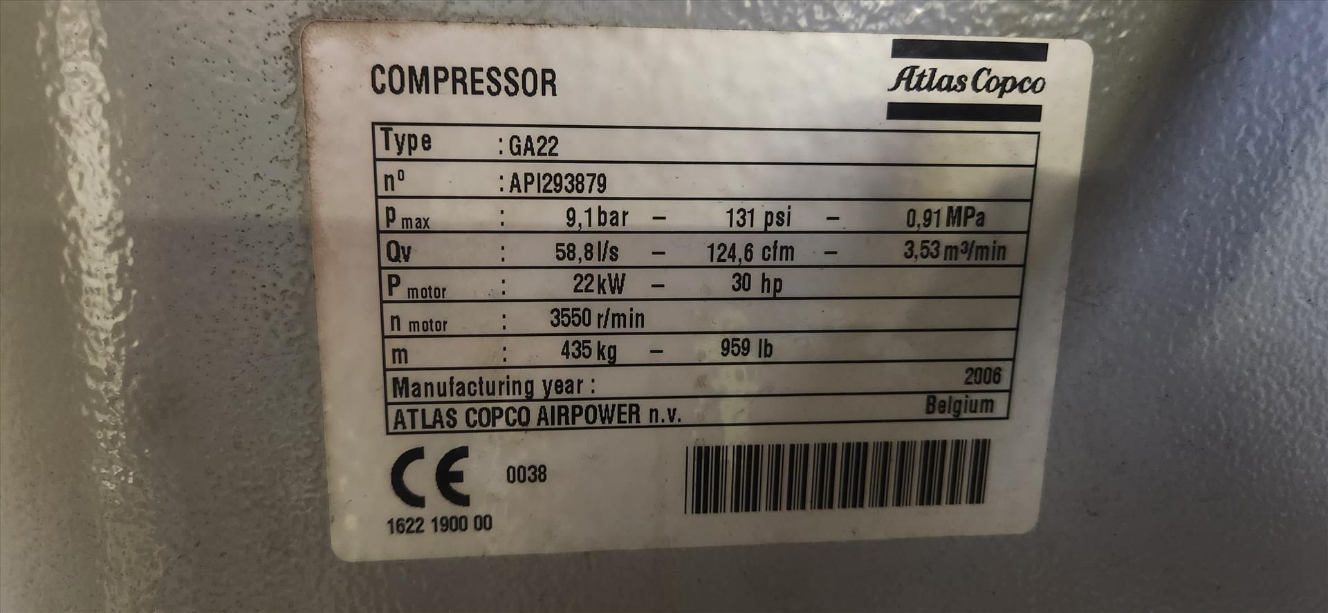 AtlasCopco air compressor, mod. GA22, ser. no. AP1293870, 30 hp [Loc. Basement - Ryding] - Image 2 of 2