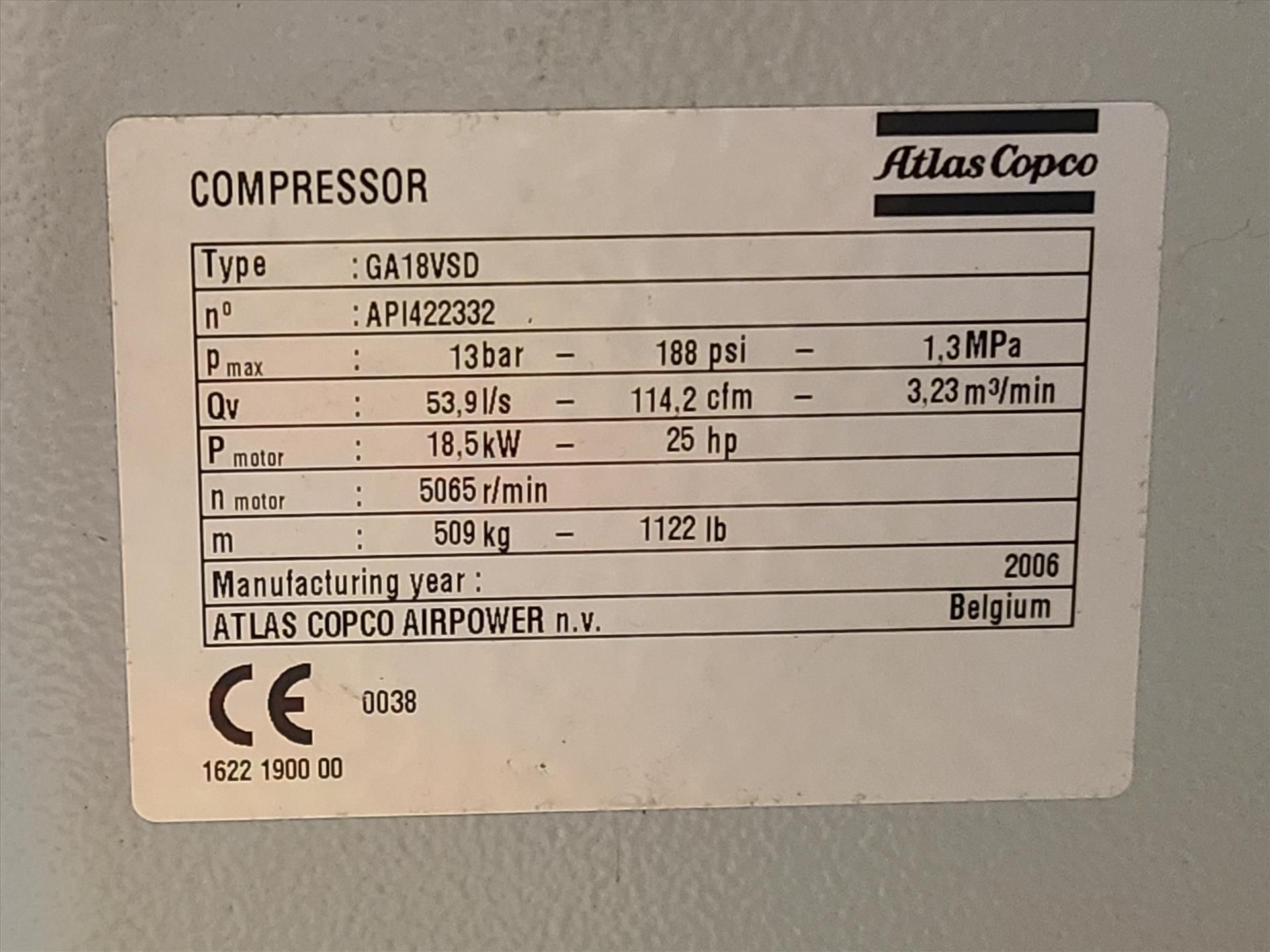 Atlas Copco air compressor, mod. GA18VSD, ser. no. API422332, 25hp [Loc. Chem. Stor.] - Image 4 of 4