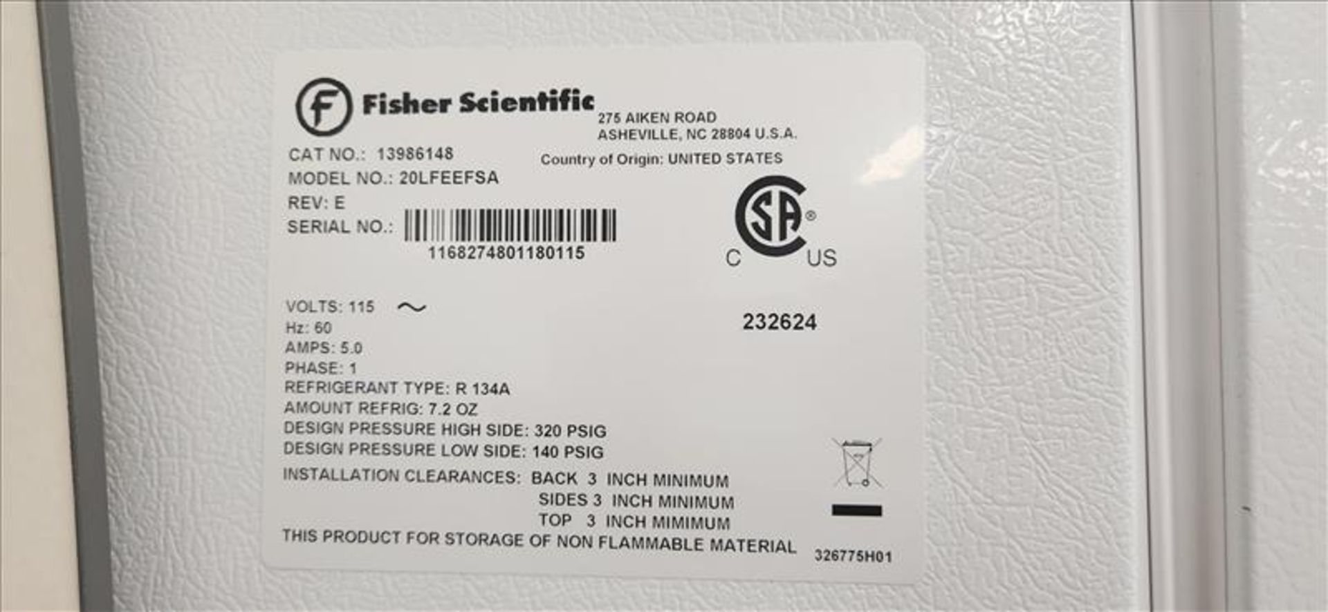Fisher Scientific Isotemp Freezer mod. 20LEEFSA, S/N 1168274801180115 - Image 3 of 3