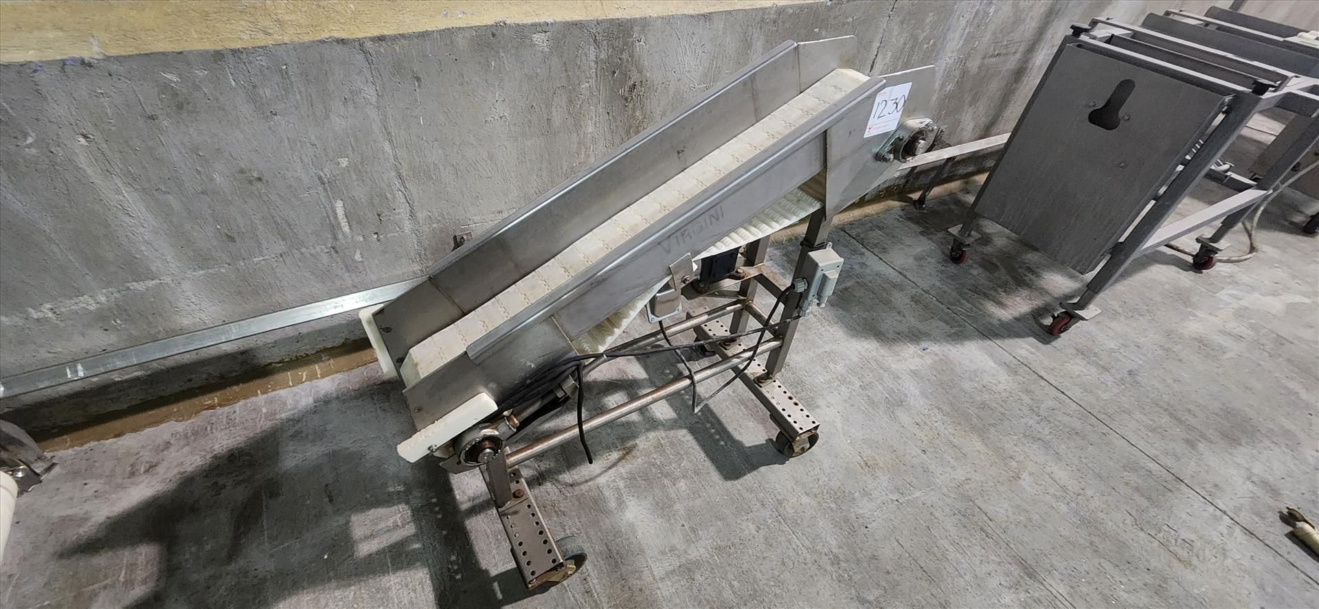 conveyor, incline, stainless steel, approx. 8 in. x 48 in. x 42 in. high belt w/ wash-down motor and