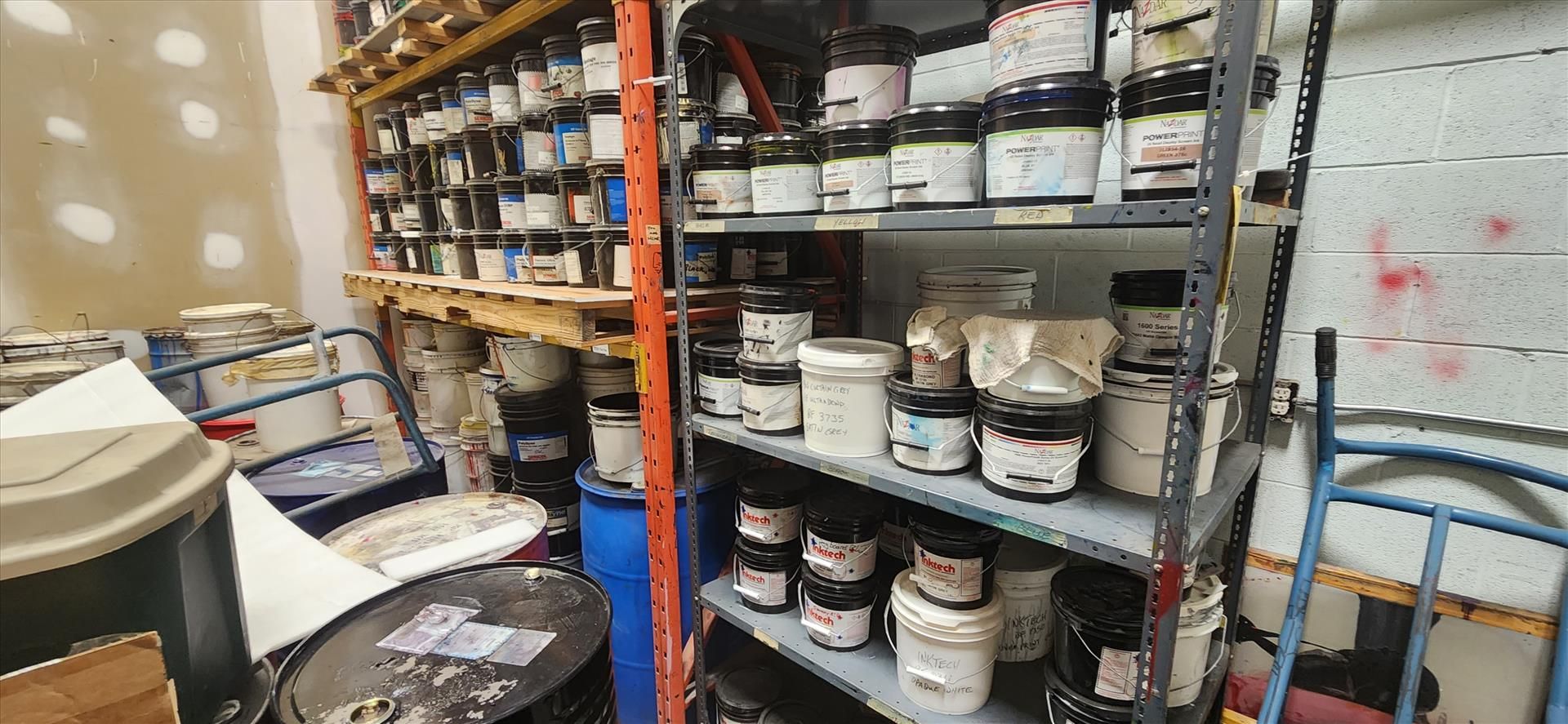 misc. inks and solvents (contents of room): InkTech, Nazdar Power Print, Sericol Fascure Ultra,
