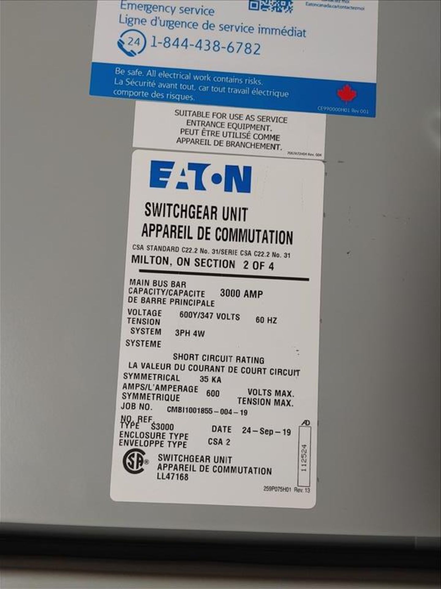 Eaton Switchgear Unit, model S3000, 600 volts, 3 phase, 60 Hz (2019) - Image 5 of 6
