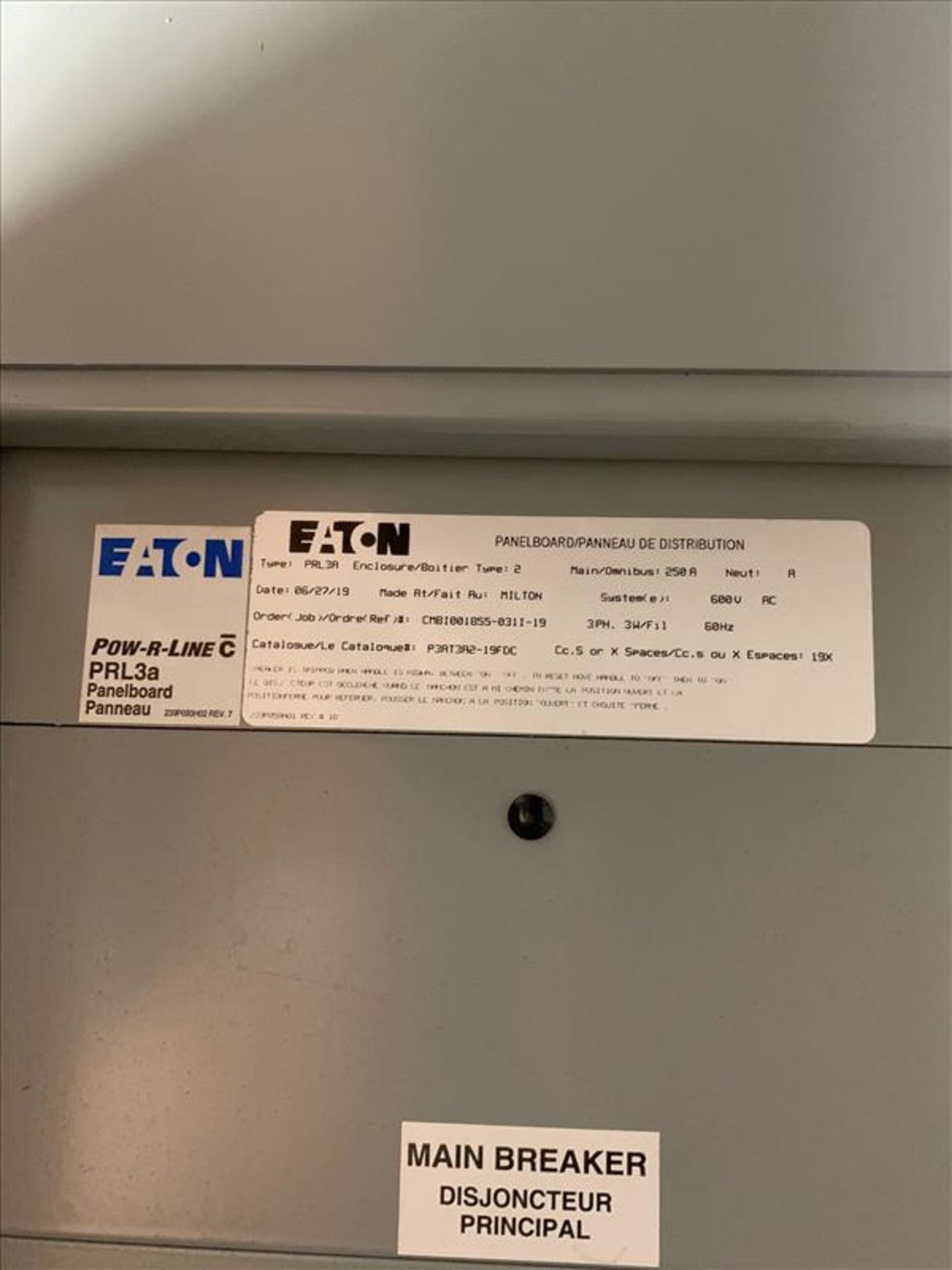Eaton Pow-R-Line Panelboard, model PRL3A, 250A, 600V, 3 Phase, 60 Hz - Image 3 of 3