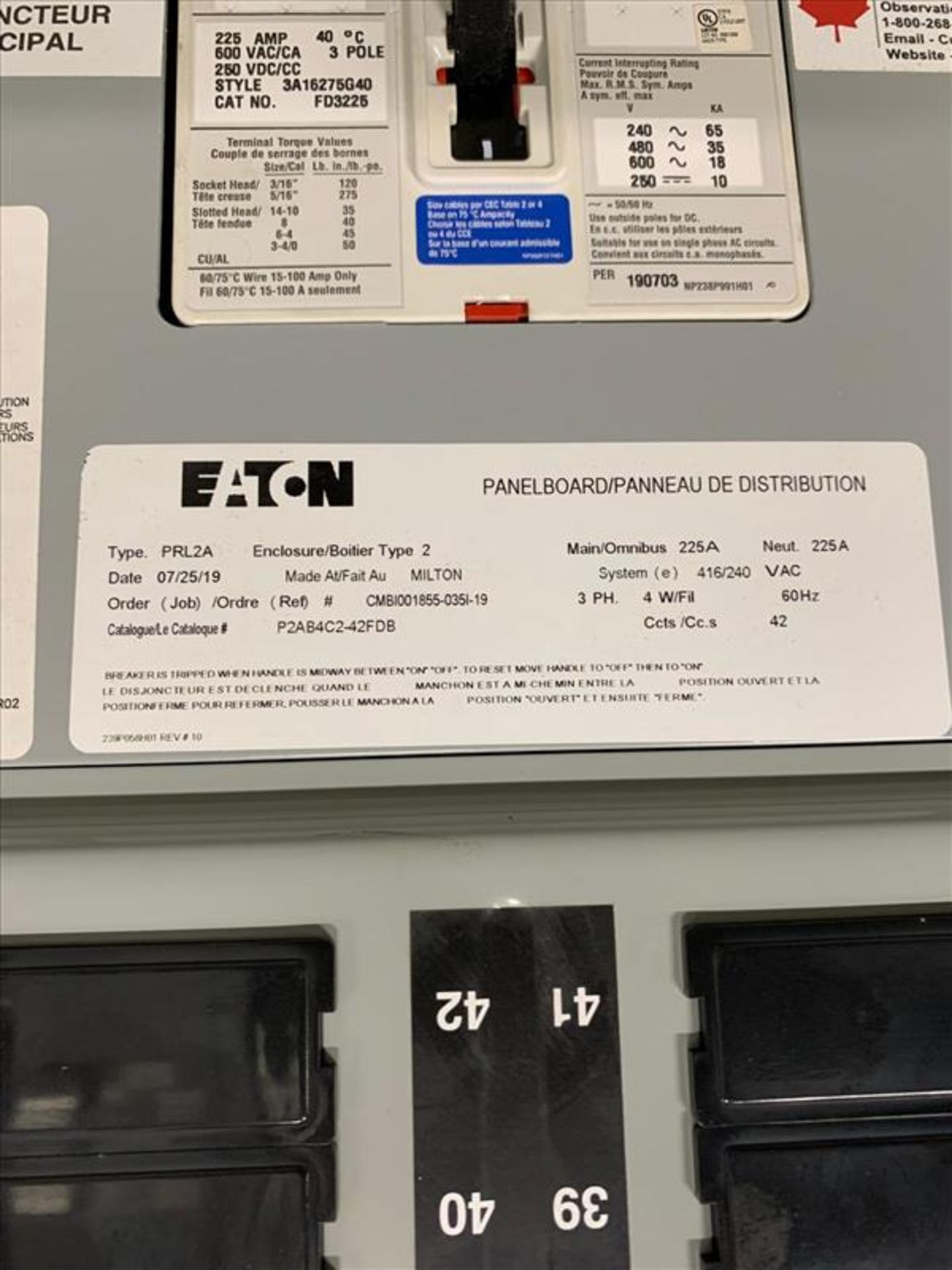 Eaton Pow-R-Line Panelboard, model PRL2A, 250A, 3 Phase, 60 Hz - Image 3 of 3