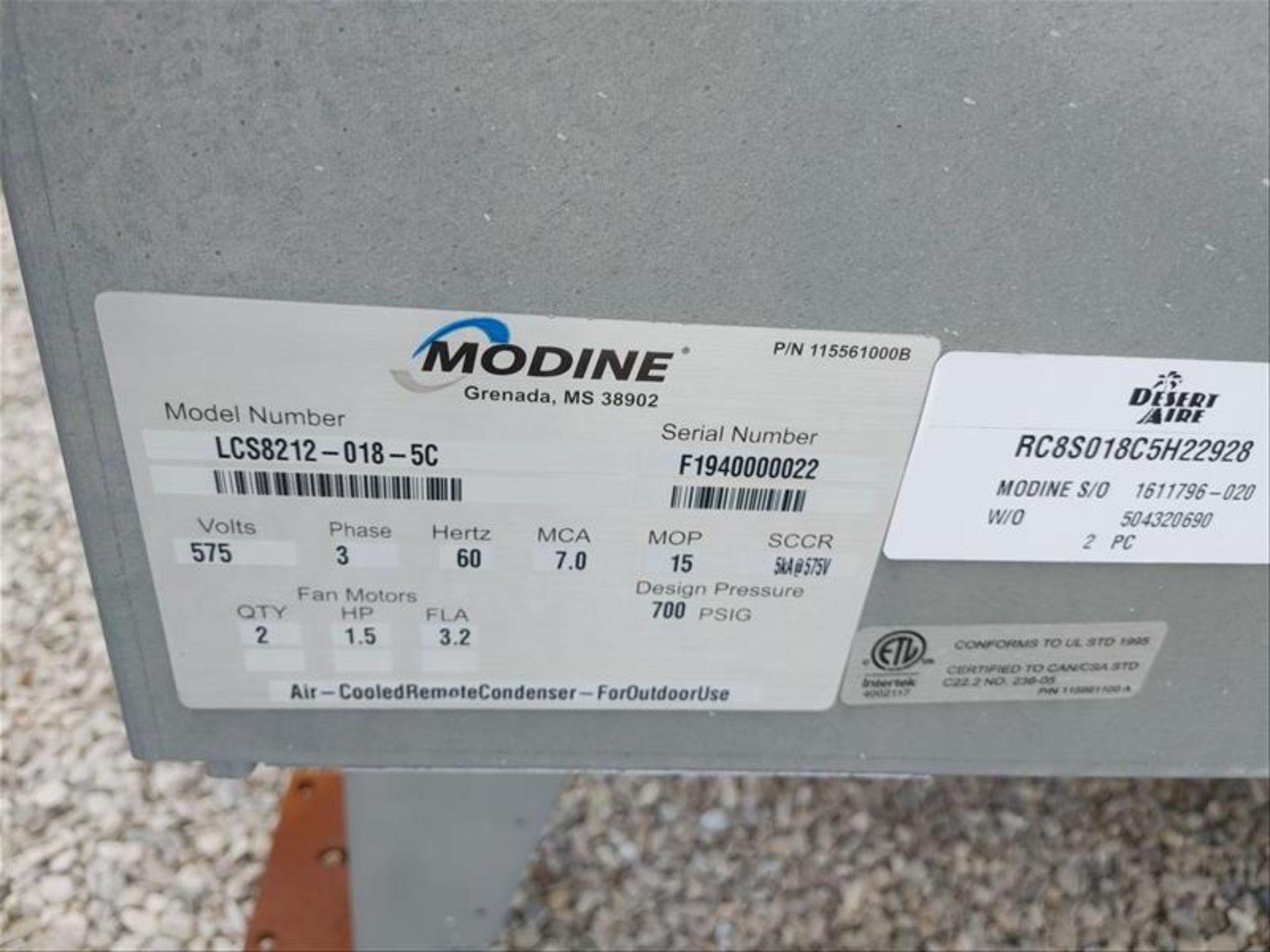 Modine Air Cooled Remote Condenser, model LCS8212-018-5C, S/N F1940000022, 575 volts, 3 phase, 60 - Image 3 of 3