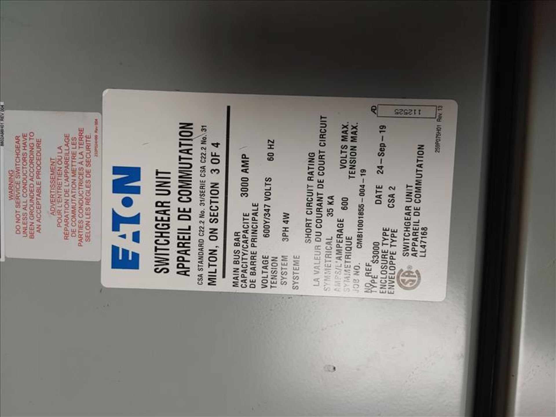 Eaton Switchgear Unit, model S3000, 600 volts, 3 phase, 60 Hz (2019) - Image 4 of 6