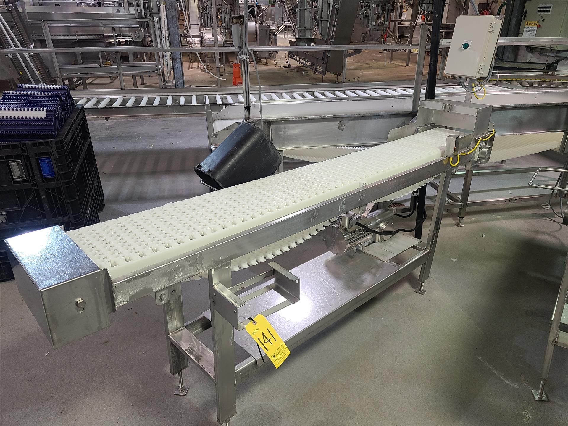 belt conveyor, approx. 11 in. x 8 ft., 0.75 hp wash-down motor, stainless steel [Loc. Whole Bird]