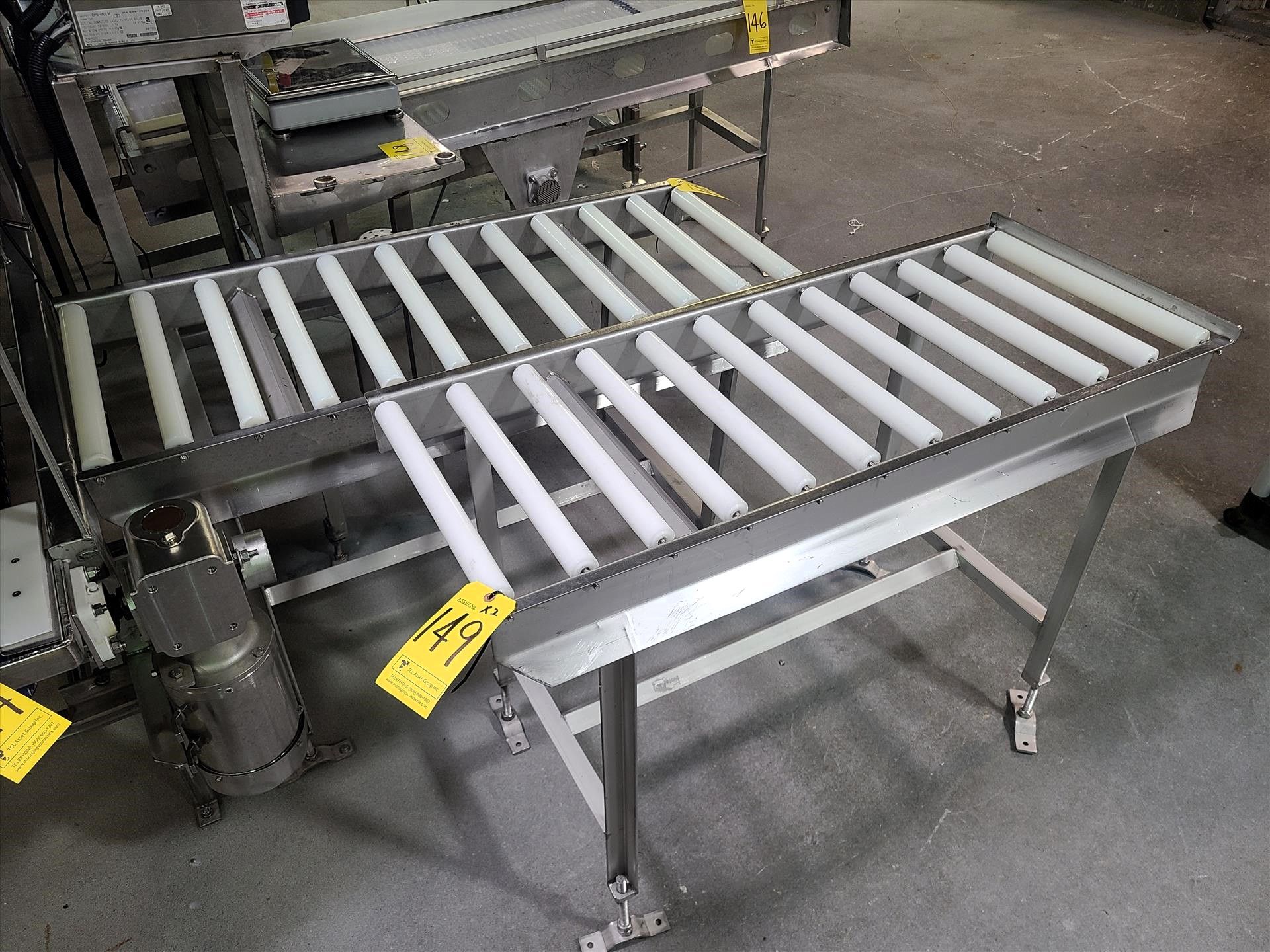 (2) roller conveyors, approx. 17 in. x 4 ft., stainless steel [Loc. Whole Bird]