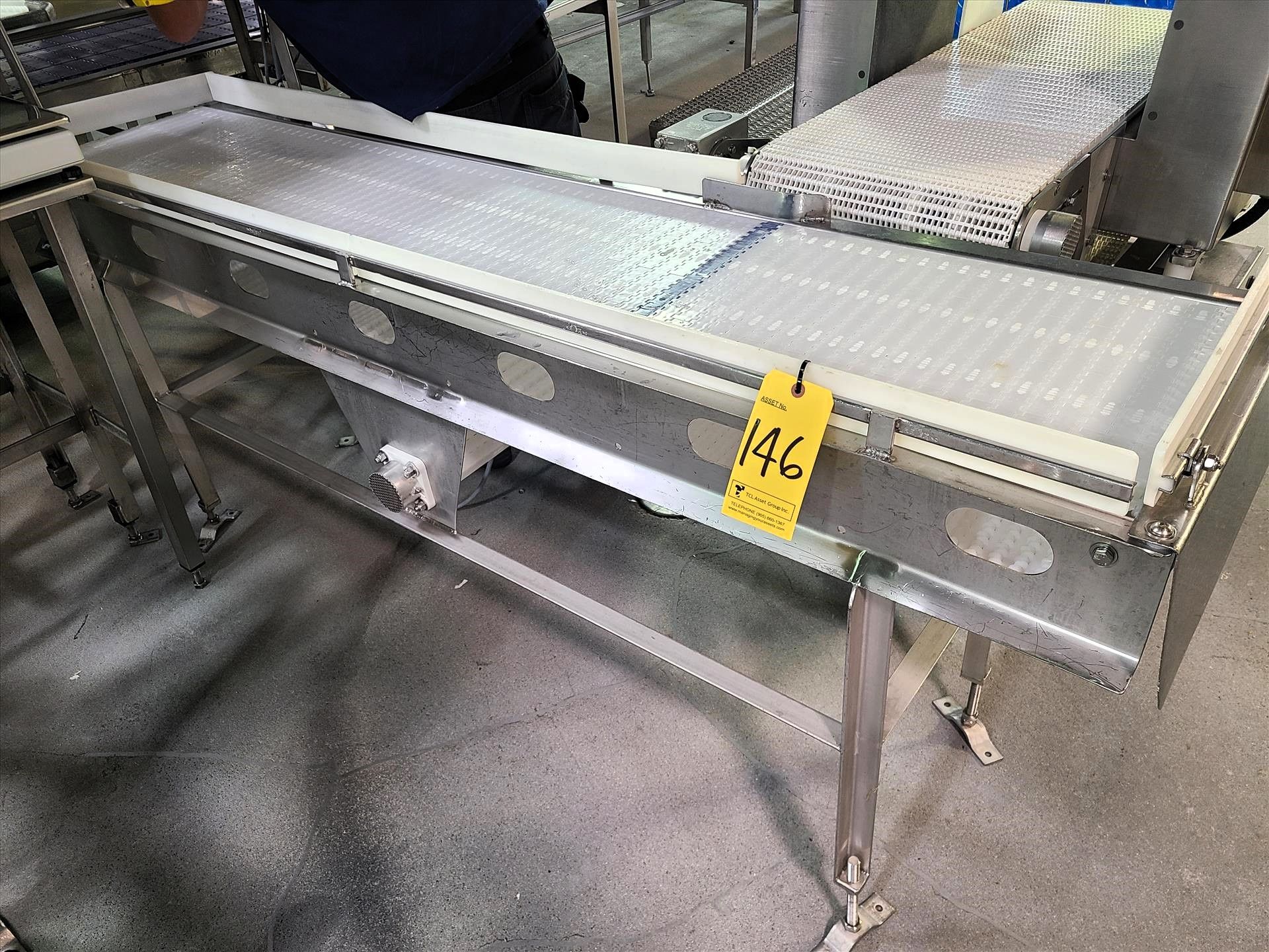 belt conveyor, approx. 16 in. x 80 in., 0.75 hp wash-down motor, stainless steel [Loc. Whole Bird]