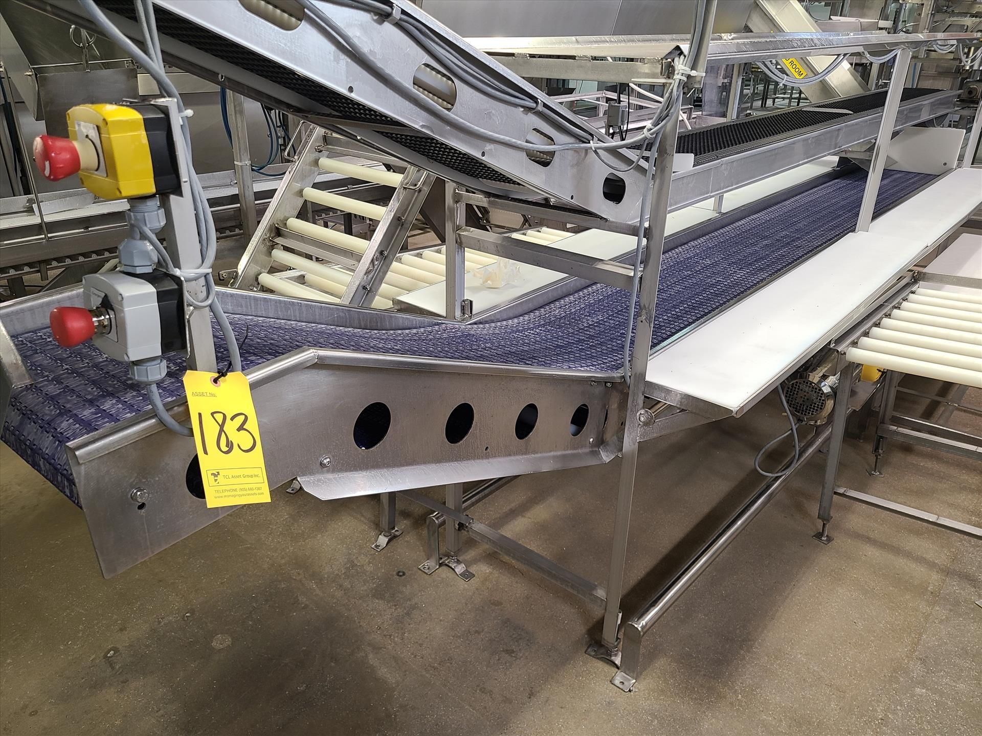 belt conveyor, approx. 18 in. x 15 ft., 2 hp wash-down motor, casters, stainless steel [Loc. Cut-