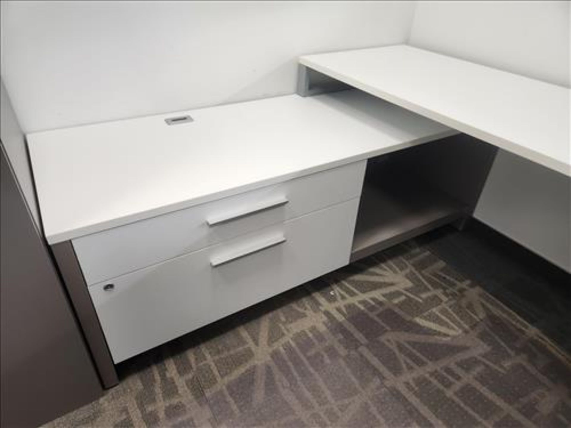 desk, approx. 30 in. x 66 in. and 24 in. x 78 in. w/ electrical port, drawer set and storage unit - Image 2 of 4