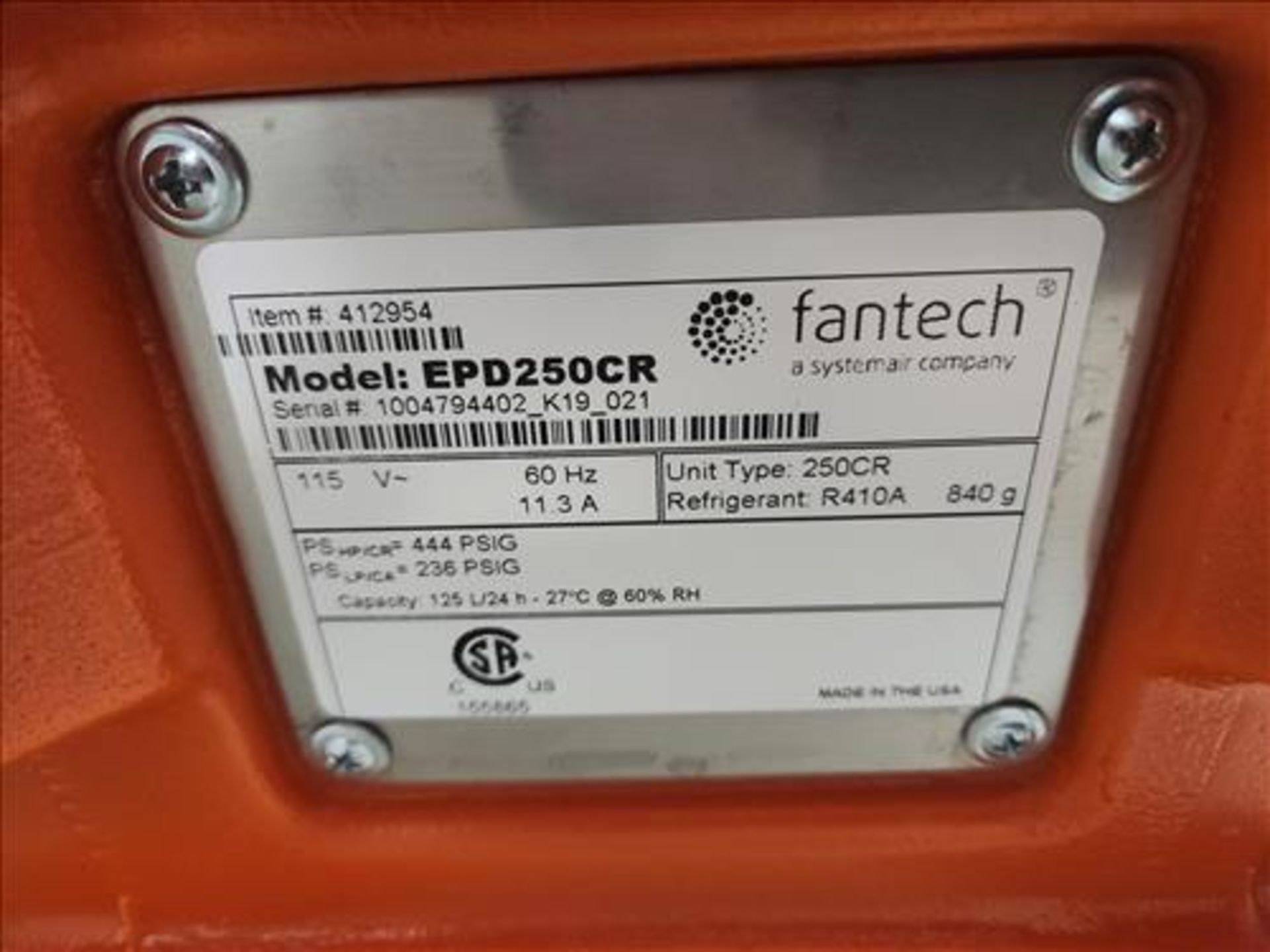 Fantech portable dehumidifier, mod. EPD250CR, s/n 1004794402_K19_021, 115 volts, 60 Hz [Loc. Main - Image 3 of 3