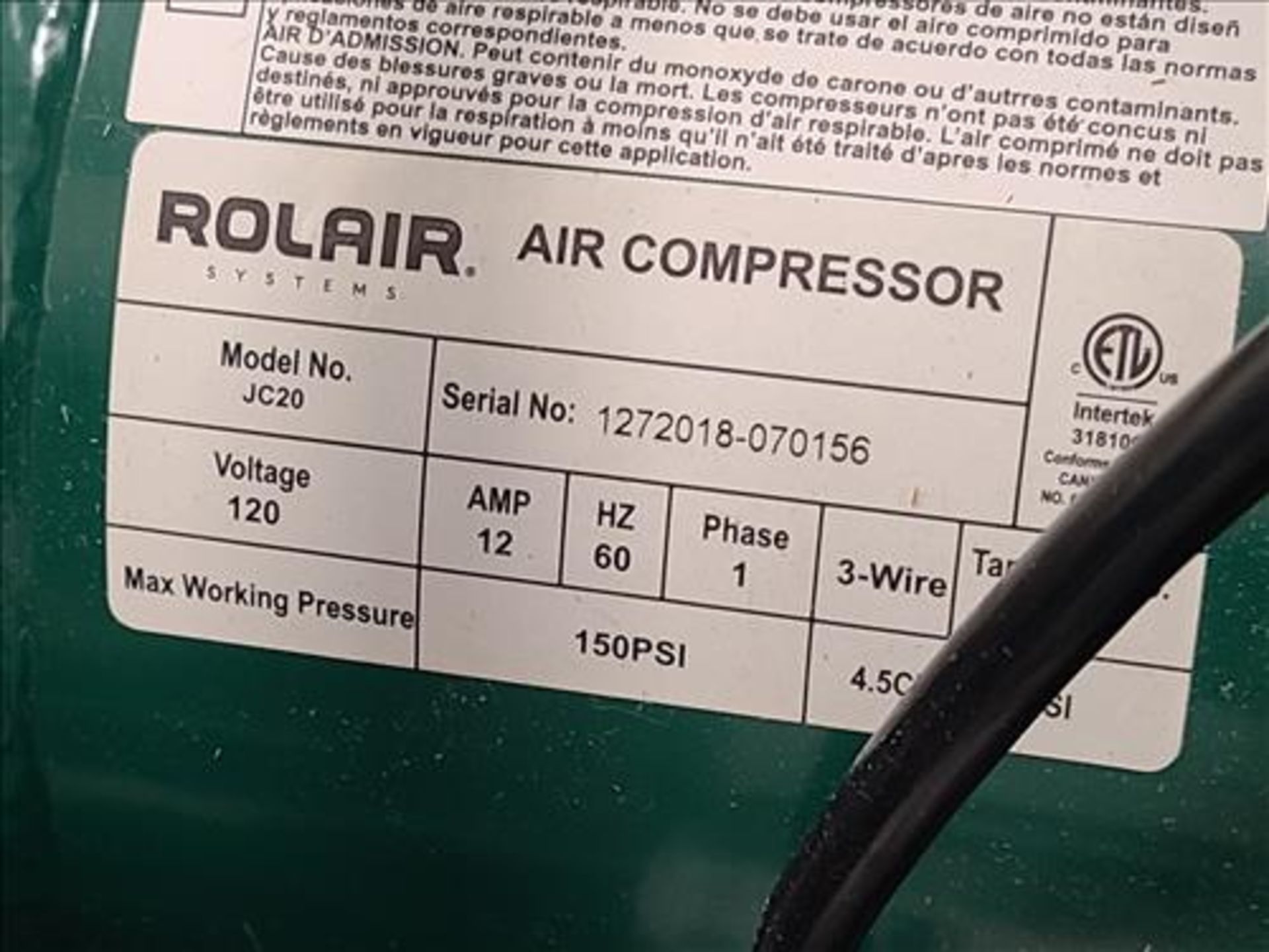 Rolair air compressor, mod. JC20, 3 gal./150 psi cap. [Loc. Processing 1, Lab] - Image 2 of 3