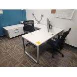 desk, approx. 30 in. x 66 in. and 24 in. x 78 in. w/ electrical port, drawer set and storage unit