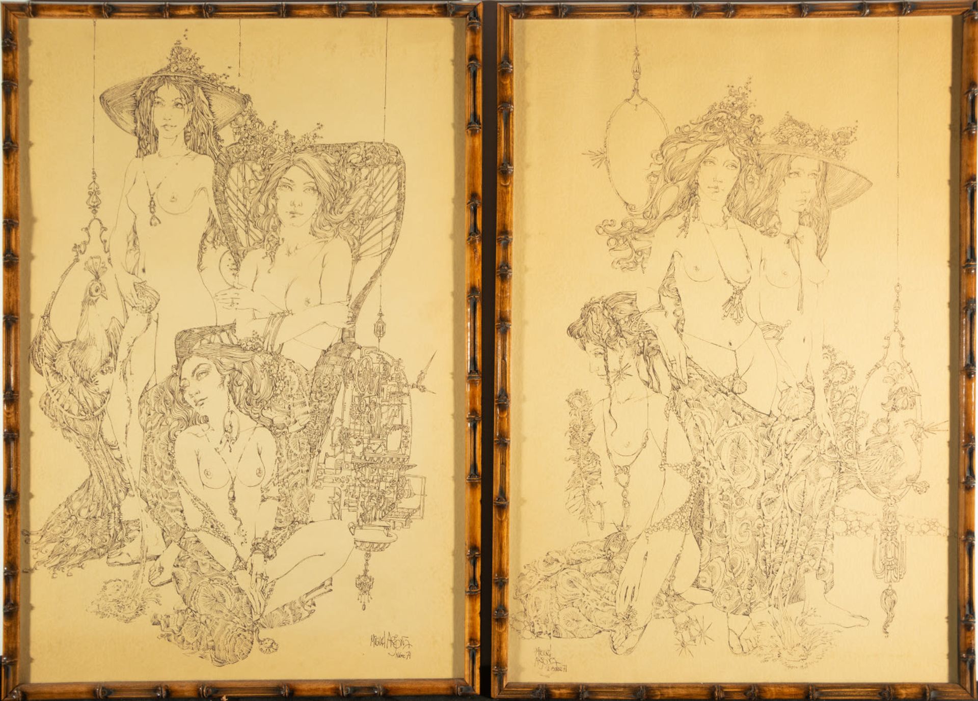 Pair of Erotic Drawings on paper, Miguel Arjona, 1971, Spanish school of the 20th century