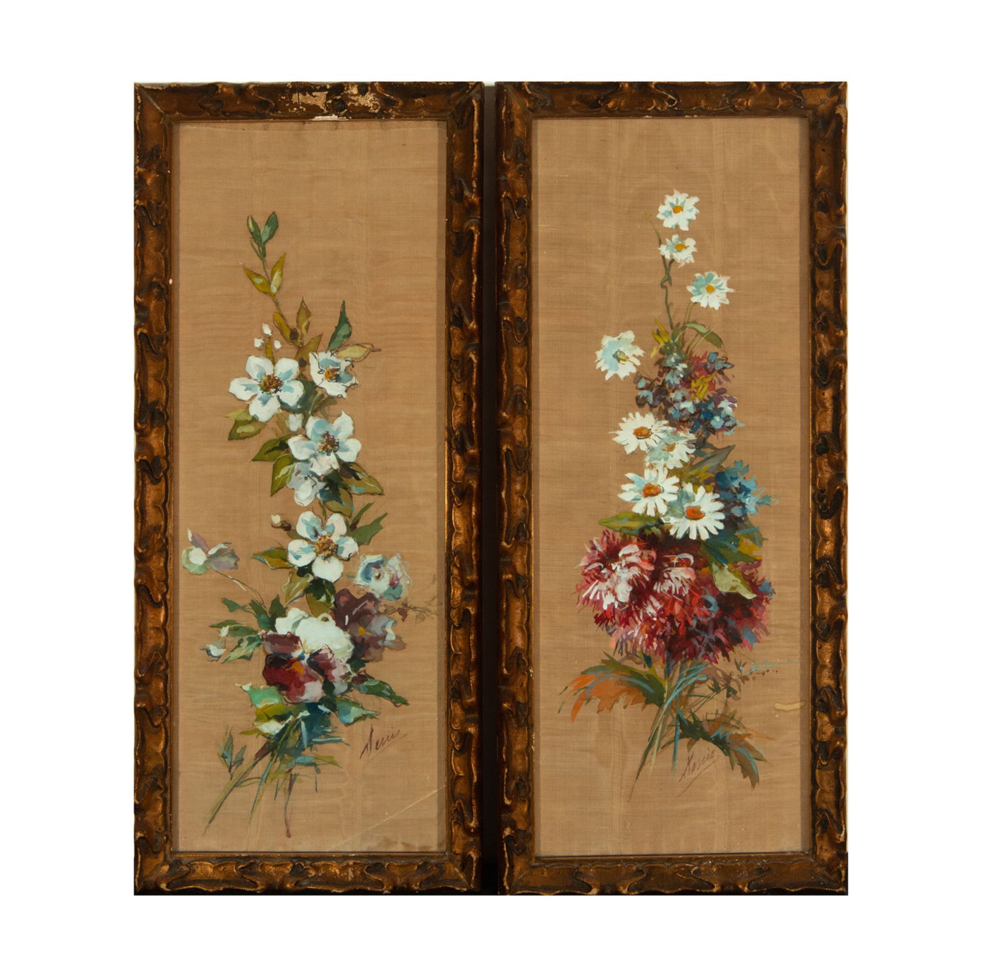 Pair of Vases on silk painted in oil, 20th century