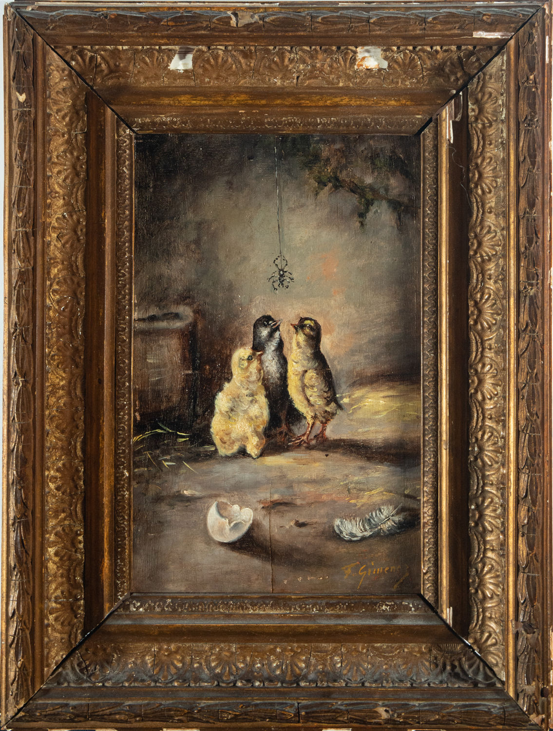 Still Life of Three Chicks, signed F. Giménez, Spanish school of the 19th century