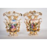 Pair of Elizabethan Vases in enameled and polychrome porcelain, 19th century