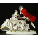 Couple in Love with a Carlino dog, Meissen porcelain, 19th century