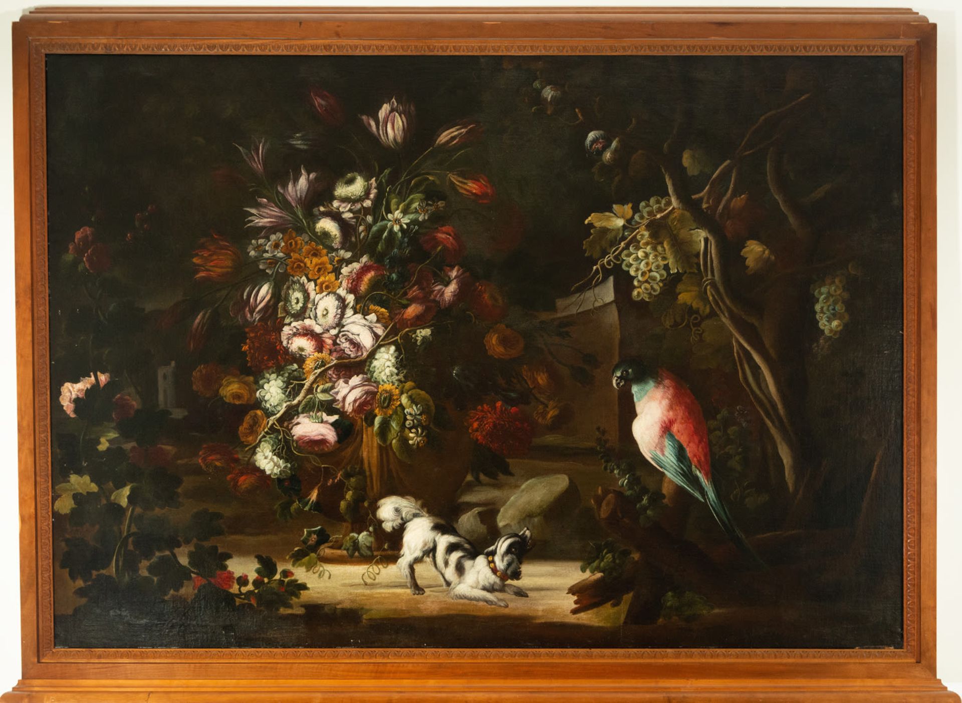 Nicola Casissa, "Still Life with Flowers and Dog", 17th century Italian school