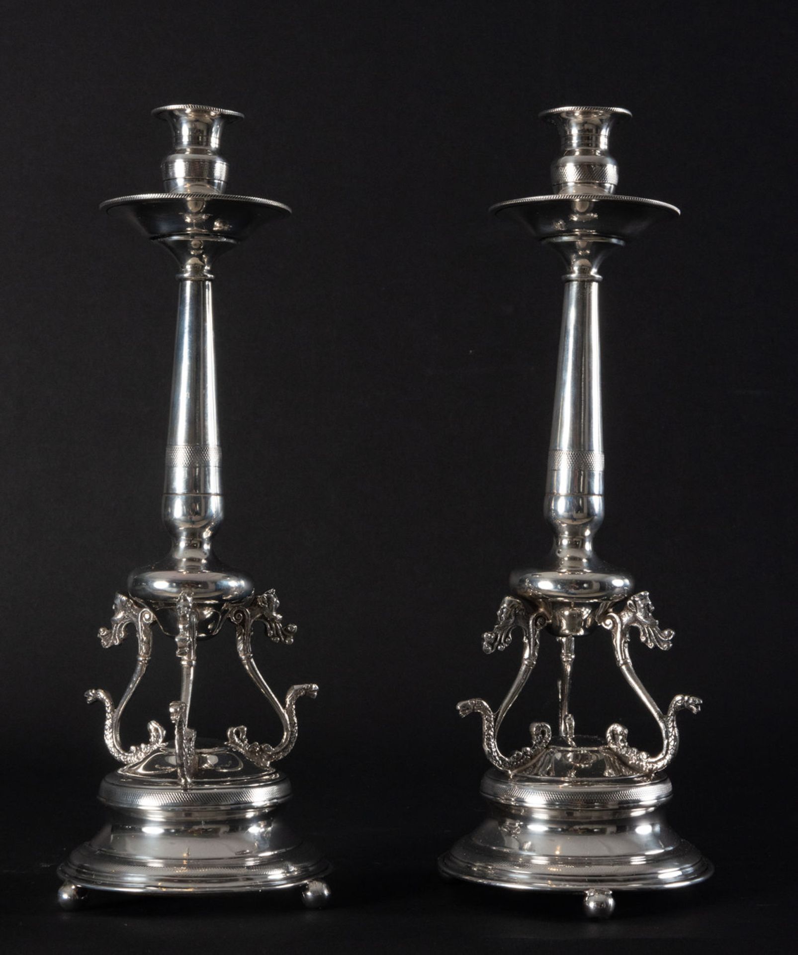 Pair of Spanish Regency-style silver candlesticks, 19th century