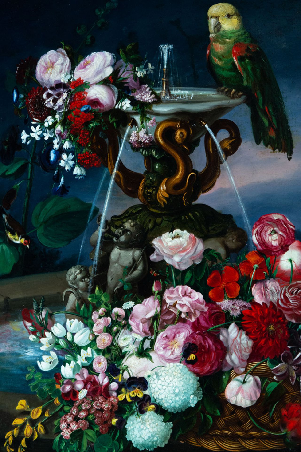 Still Life of a Fountain with Flowers and Birds, José María Murillo Bracho (Seville, 1827-Málaga, 18 - Image 2 of 7