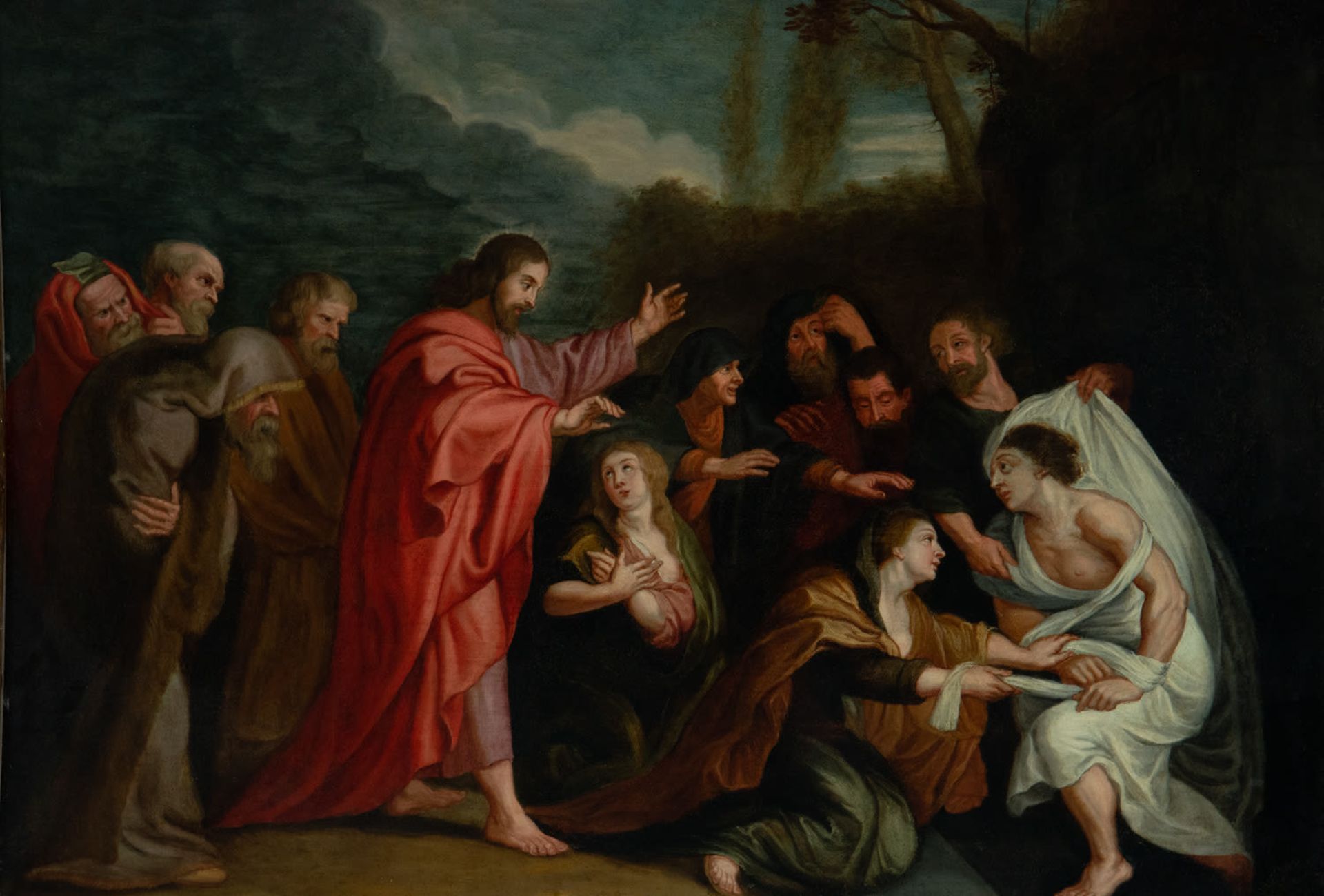 Jesus preaching in the Temple, and the Miracle of Saint Lazarus, 17th century Flemish school - Image 3 of 16