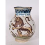 Talavera jug with Lions and "Don Manuel del Valle" inscription, 18th century