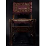 Rare Pair of Spanish Chairs, 17th century, in oak and embroidered velvet