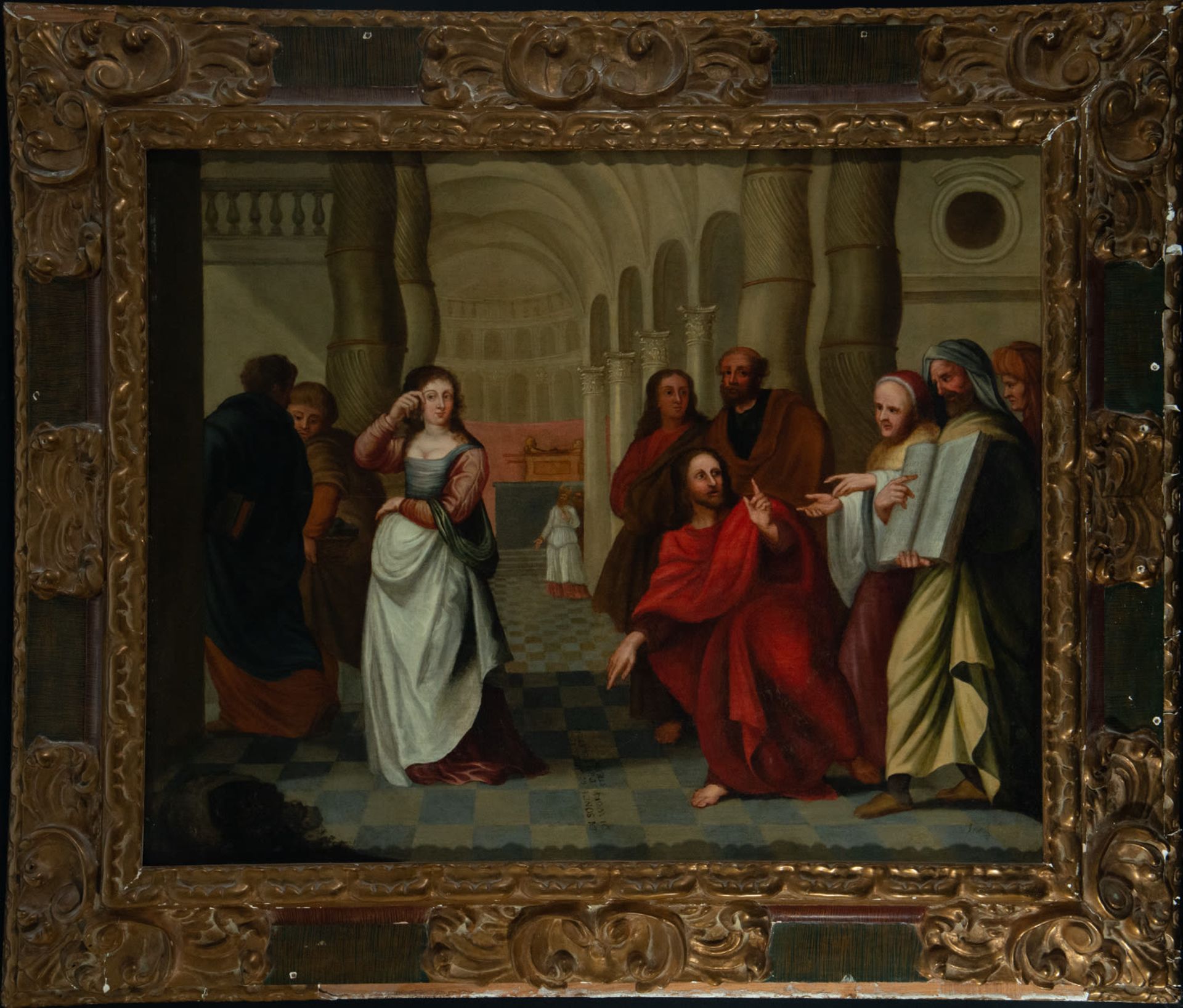 Jesus preaching in the Temple, and the Miracle of Saint Lazarus, 17th century Flemish school