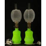 Pair of fluorescent opaline lamps, early 20th century