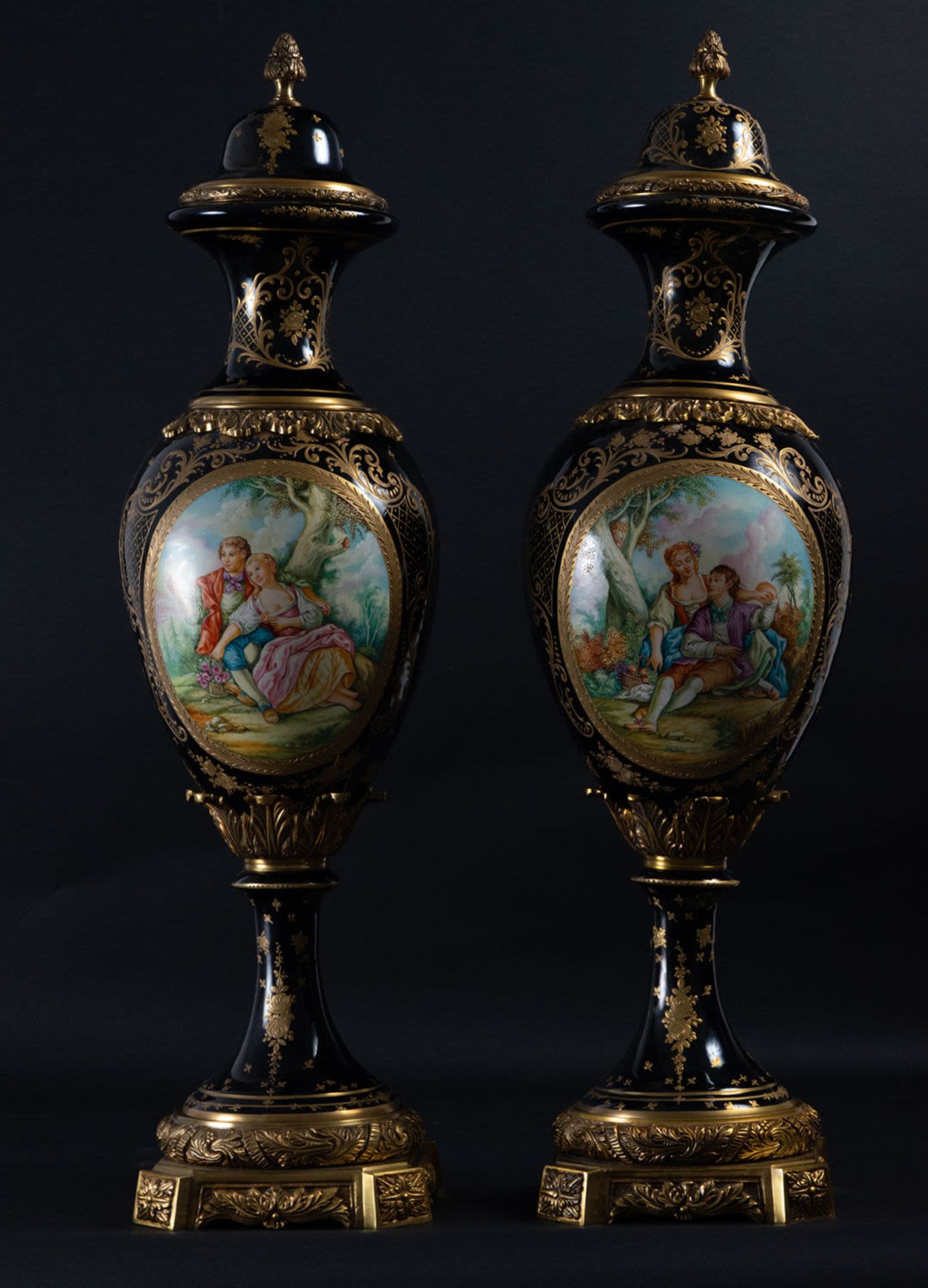 Pair of Large Vases in Polychrome Old Paris Tender Porcelain, late 19th century