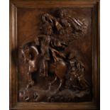 Very Important Large relief in oak wood of Saint Martin on Horseback, German Renaissance school of t