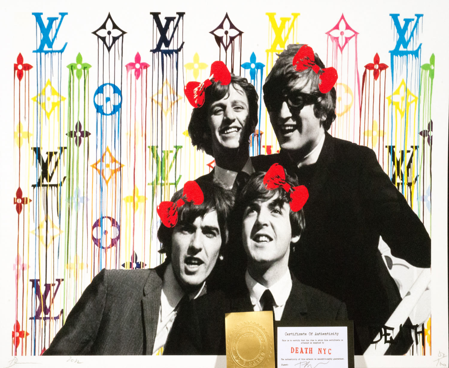 "BEATLES UNDER LOUIS VUITTON BACKGROUND", screenprint by Death NY, series 80/100, year 2012