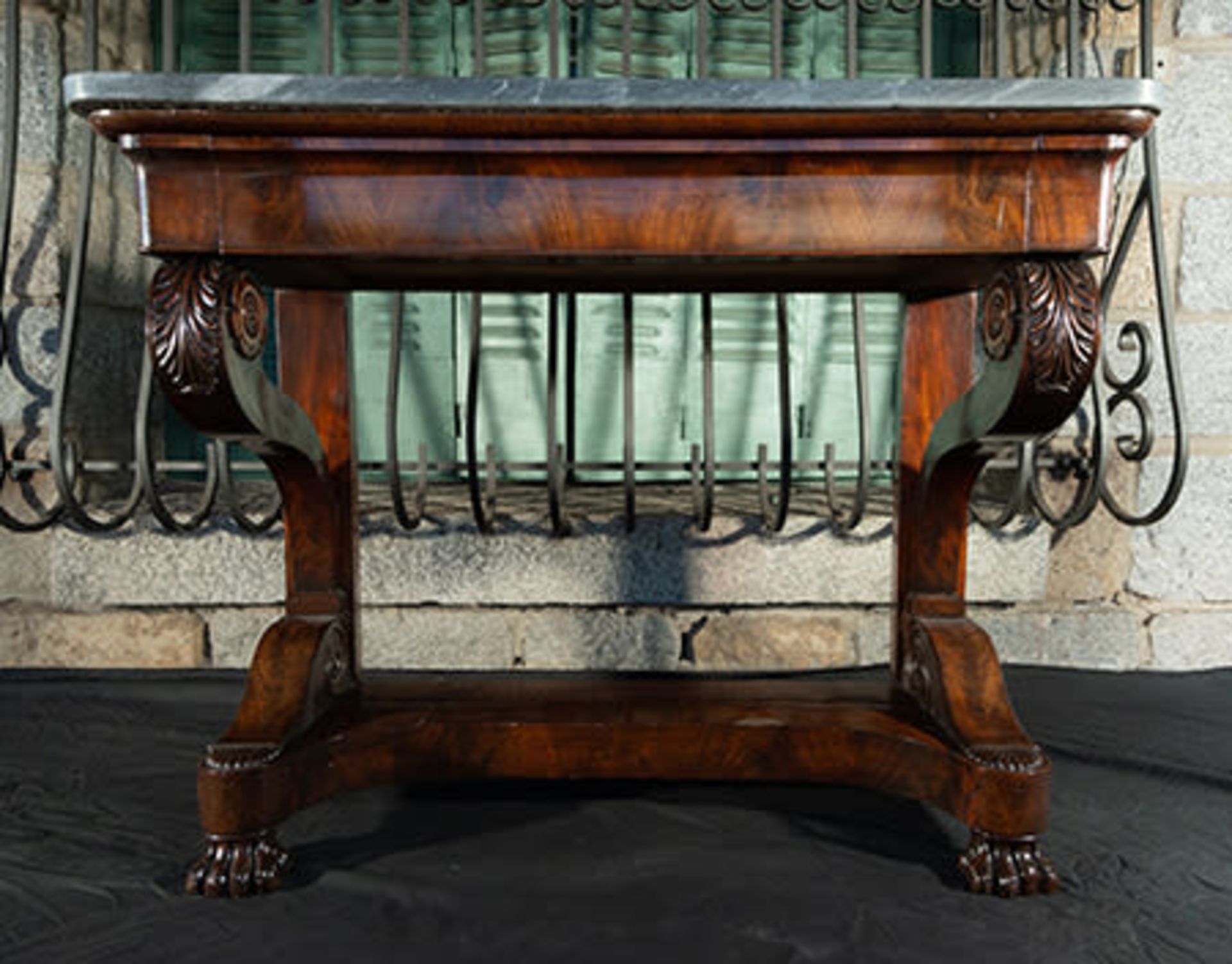 Pair of Restoration Style Consoles in Mahogany Root and Palm marquetry, England, 19th century