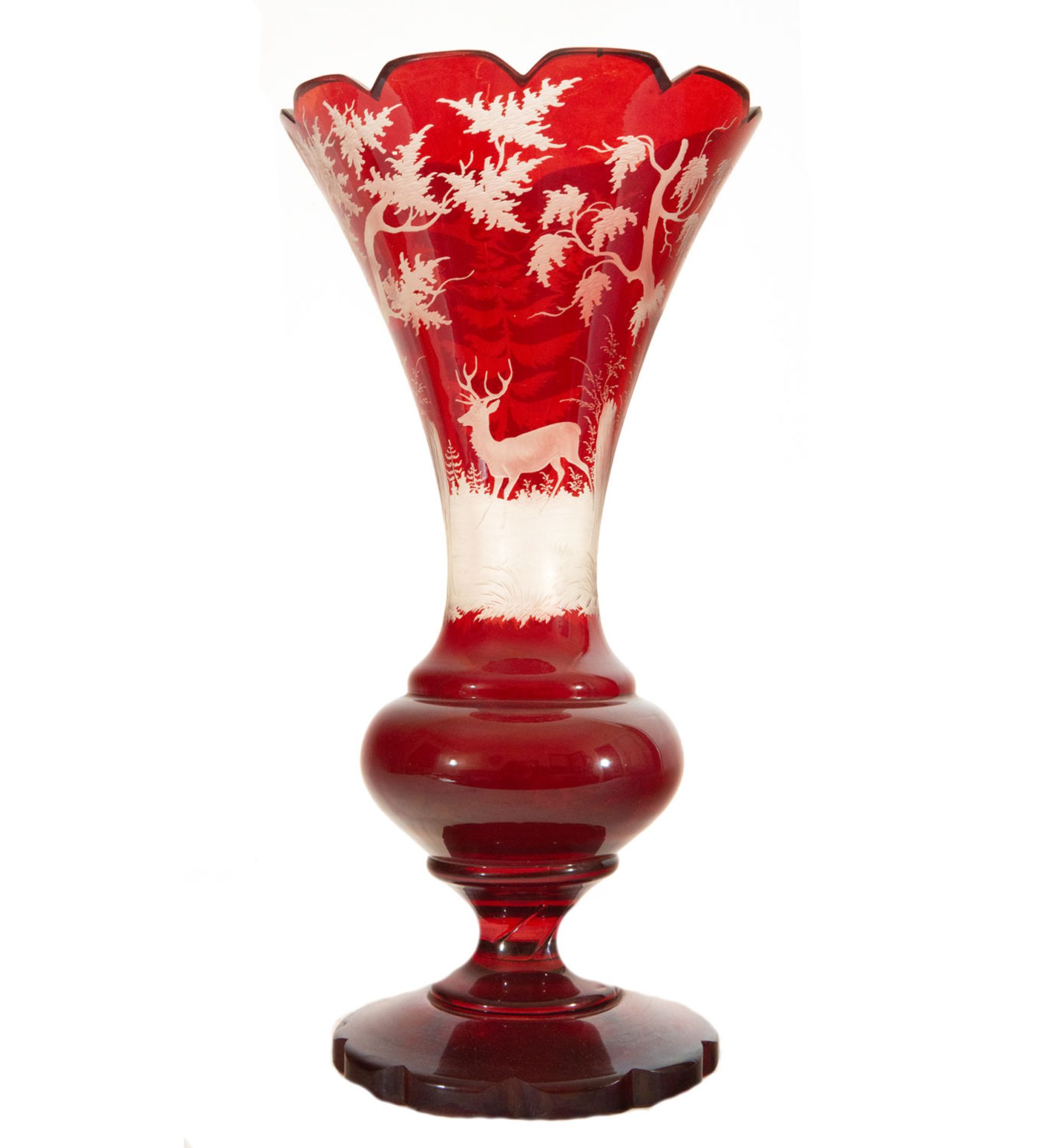 Bohemian crystal vase with deer motifs, 19th century