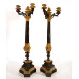 Pair of Candlesticks in Pink Marble, gilt bronze and Empire style patination, 19th century