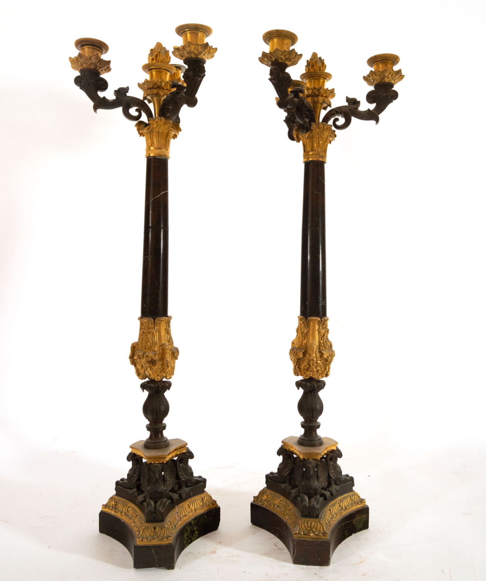 Pair of Candlesticks in Pink Marble, gilt bronze and Empire style patination, 19th century