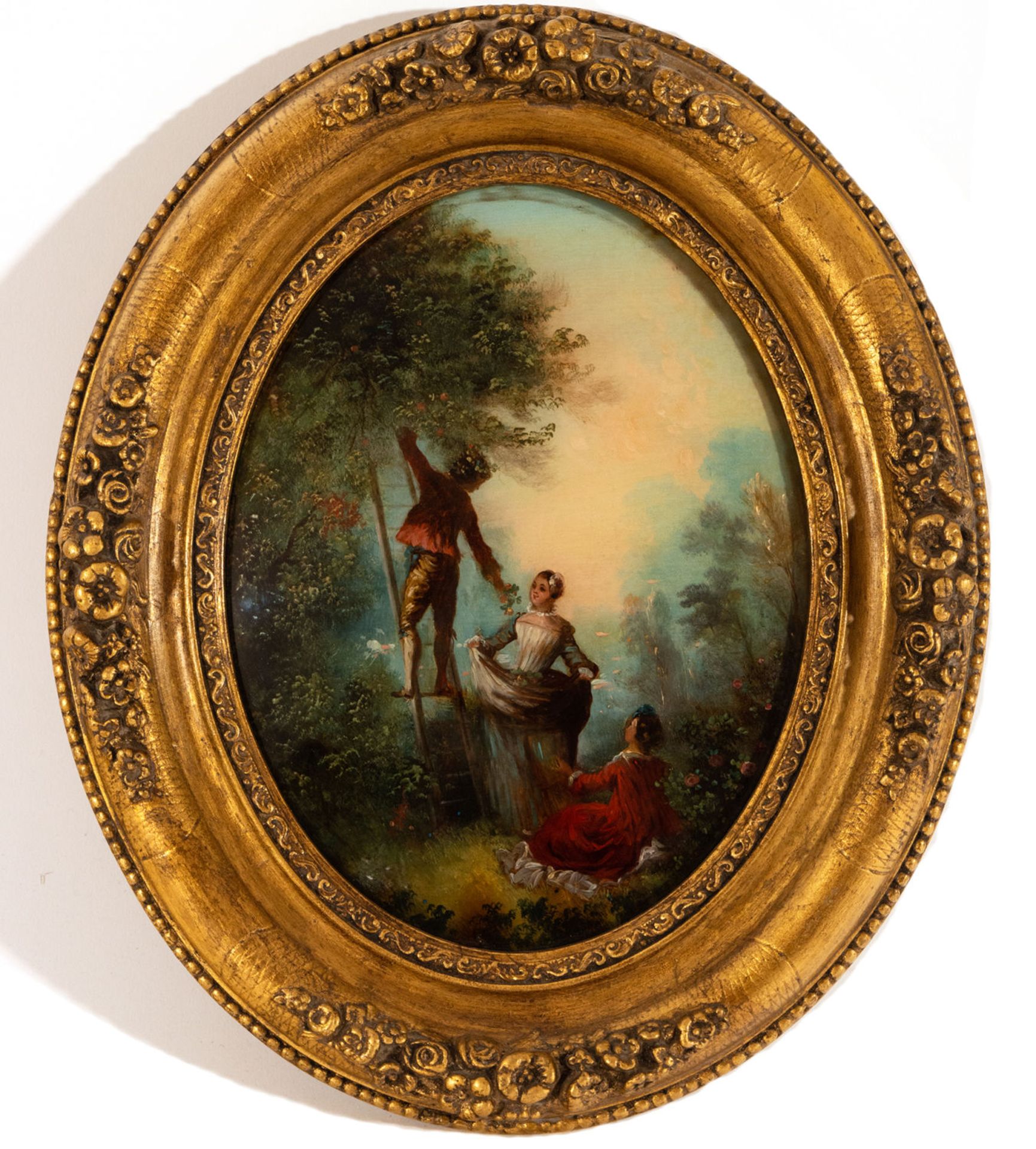 Beautiful Oval in glass painted with a Galante scene, France, 19th century