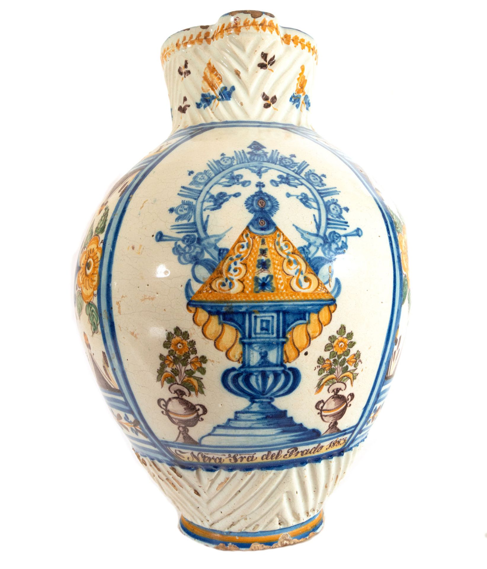 Talavera jug with central motif of Nuestra Se–ora del Prado, 19th century