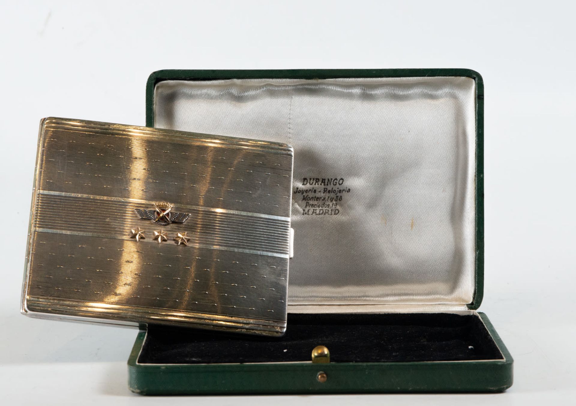 Silver Cigarette Box for Air Force Captain Garc’a Montoro, 1950s, silversmith Durango, Madrid